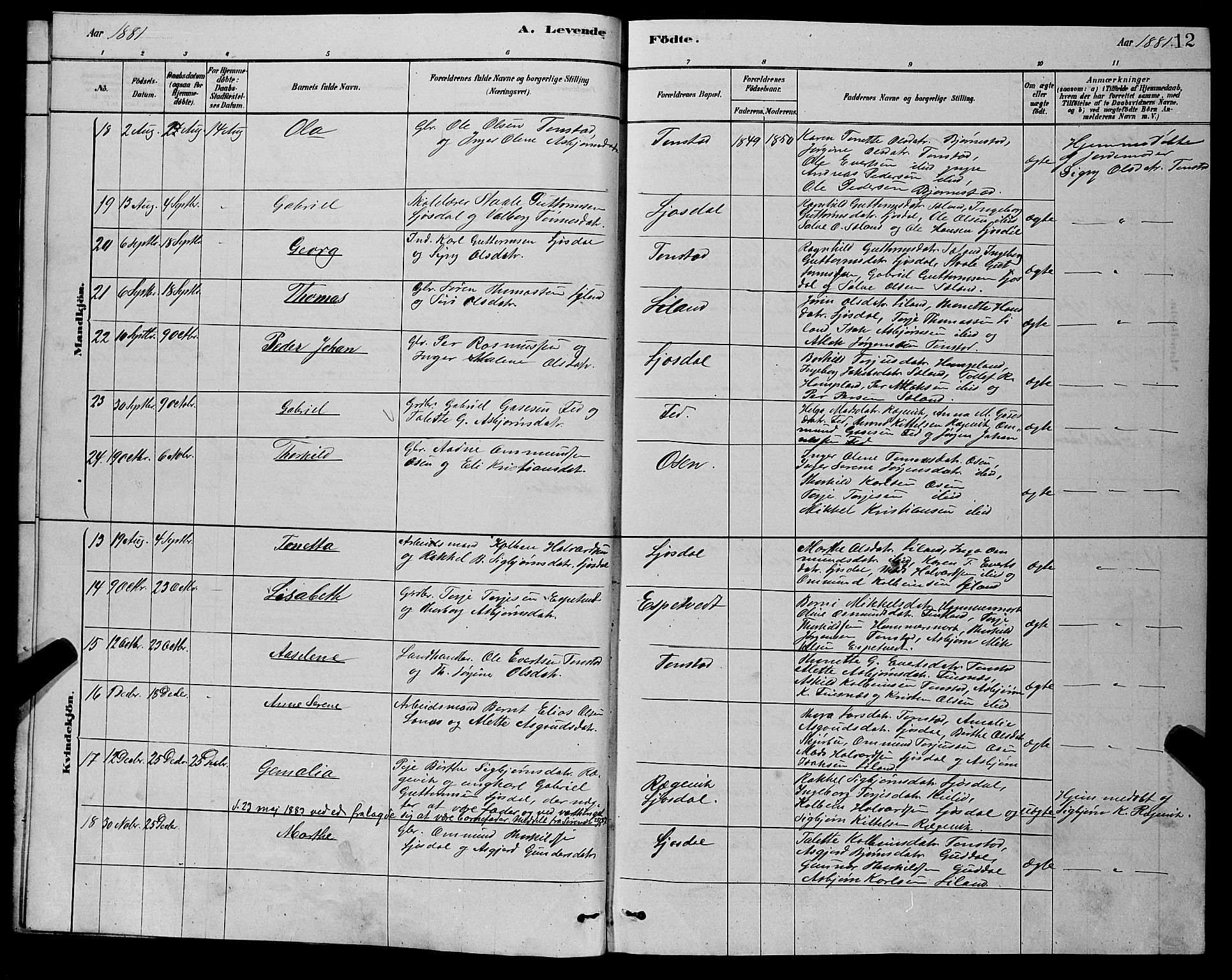 Sirdal sokneprestkontor, AV/SAK-1111-0036/F/Fb/Fbb/L0003: Parish register (copy) no. B 3, 1878-1894, p. 12