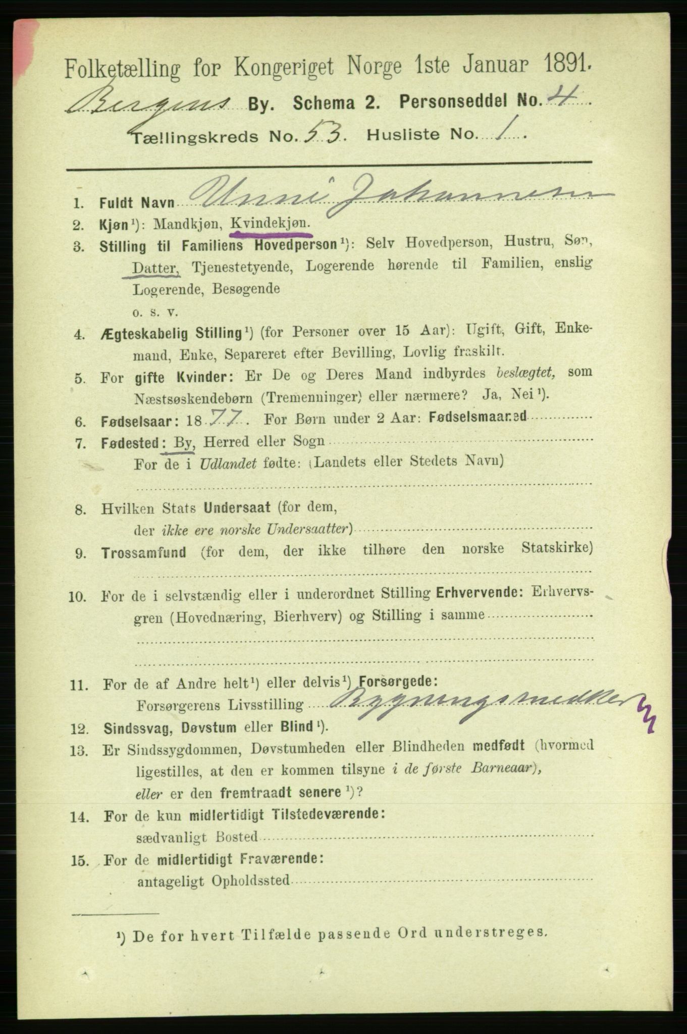 RA, 1891 Census for 1301 Bergen, 1891, p. 61624