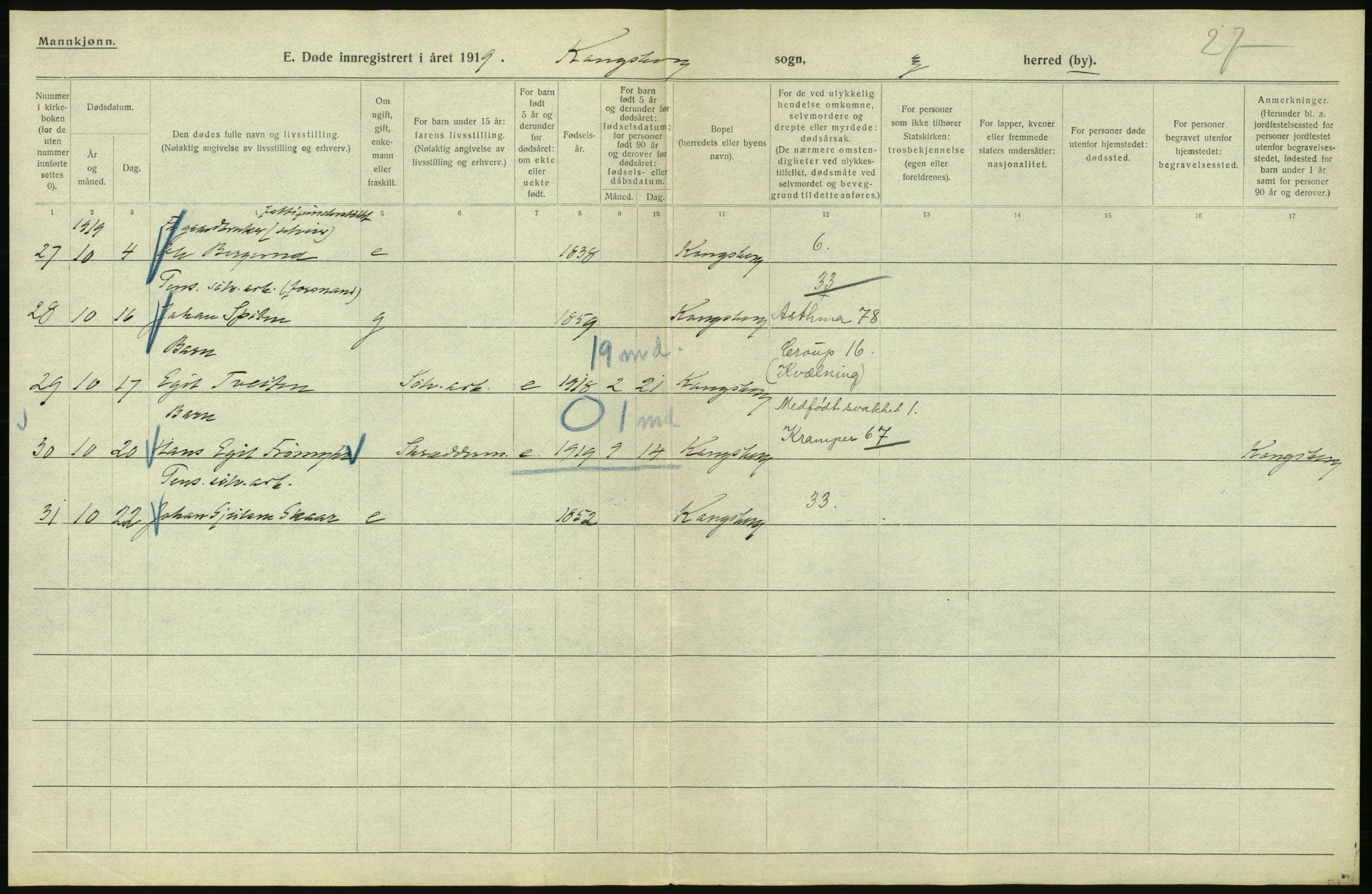 Statistisk sentralbyrå, Sosiodemografiske emner, Befolkning, AV/RA-S-2228/D/Df/Dfb/Dfbi/L0018: Buskerud fylke: Døde. Bygder og byer., 1919, p. 434