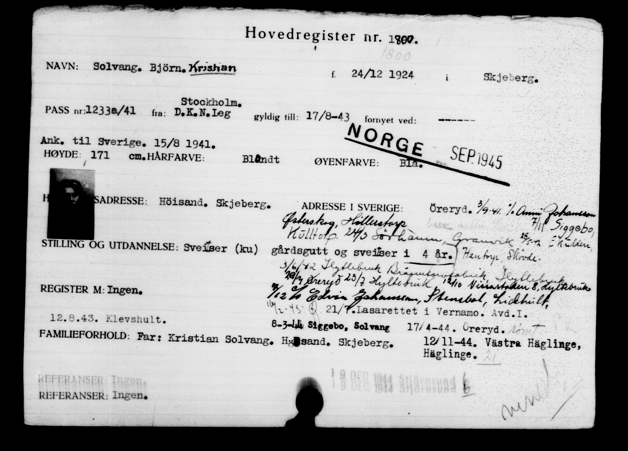 Utenriksstasjonene, Legasjonen i Stockholm, Flyktningkontoret, AV/RA-S-6753/V/Va/L0002: Kjesäterkartoteket, flyktninger med registreringsnr. 1001-2000, 1940-1945, p. 1141