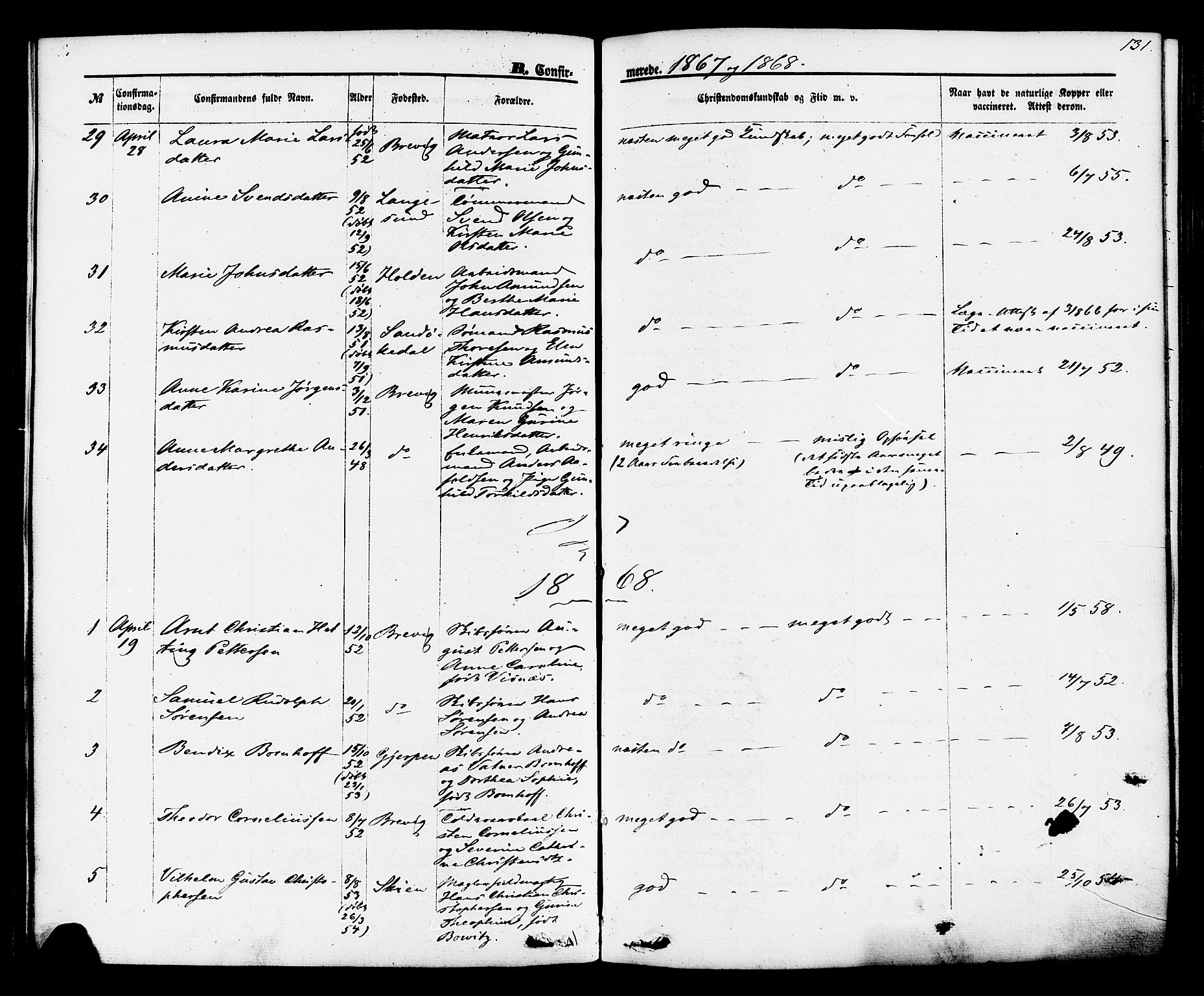 Brevik kirkebøker, SAKO/A-255/F/Fa/L0006: Parish register (official) no. 6, 1866-1881, p. 131