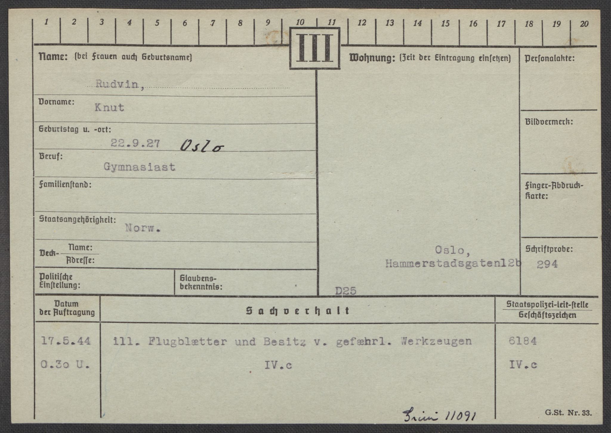 Befehlshaber der Sicherheitspolizei und des SD, AV/RA-RAFA-5969/E/Ea/Eaa/L0009: Register over norske fanger i Møllergata 19: Ru-Sy, 1940-1945, p. 14