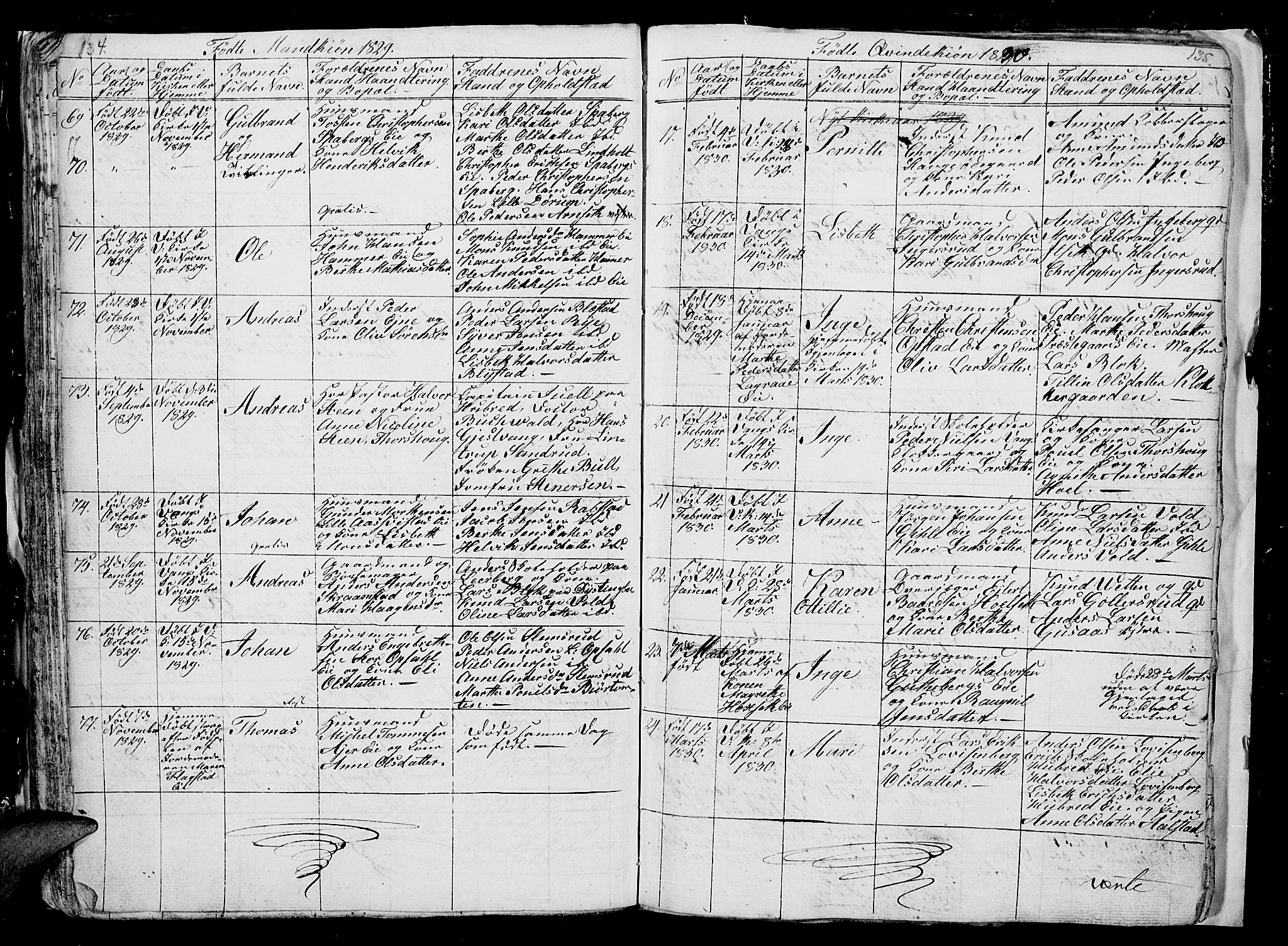 Vang prestekontor, Hedmark, SAH/PREST-008/H/Ha/Hab/L0006: Parish register (copy) no. 6, 1819-1832, p. 134-135