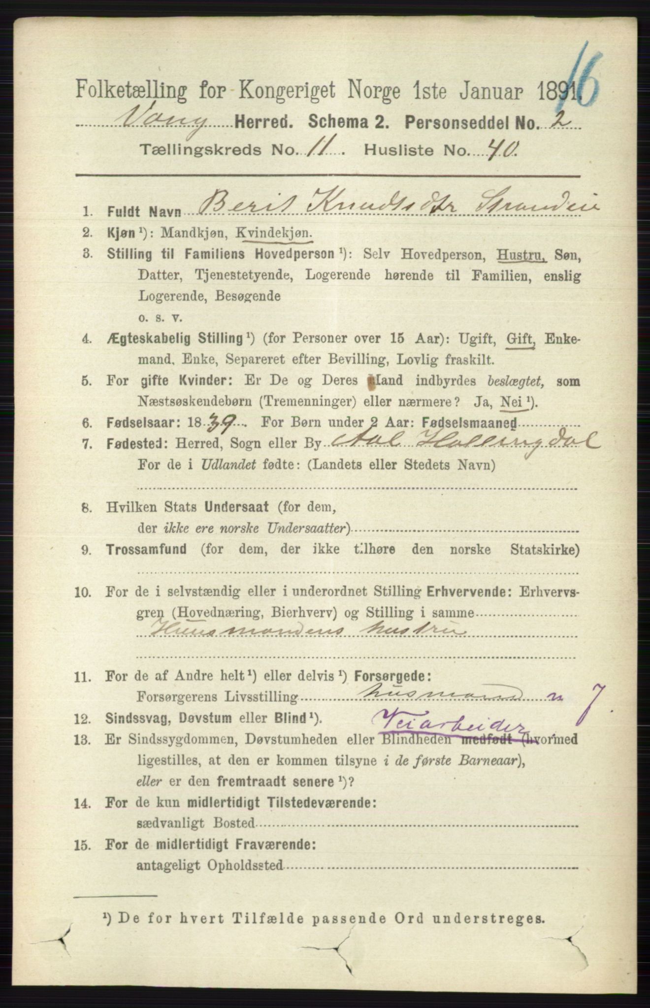 RA, 1891 census for 0545 Vang, 1891, p. 2607