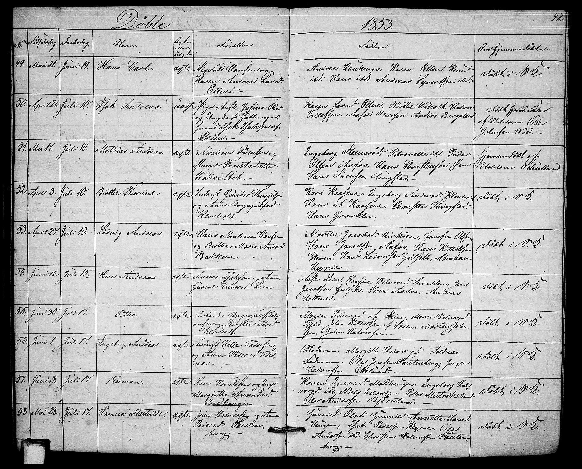 Solum kirkebøker, SAKO/A-306/G/Ga/L0003: Parish register (copy) no. I 3, 1848-1859, p. 42