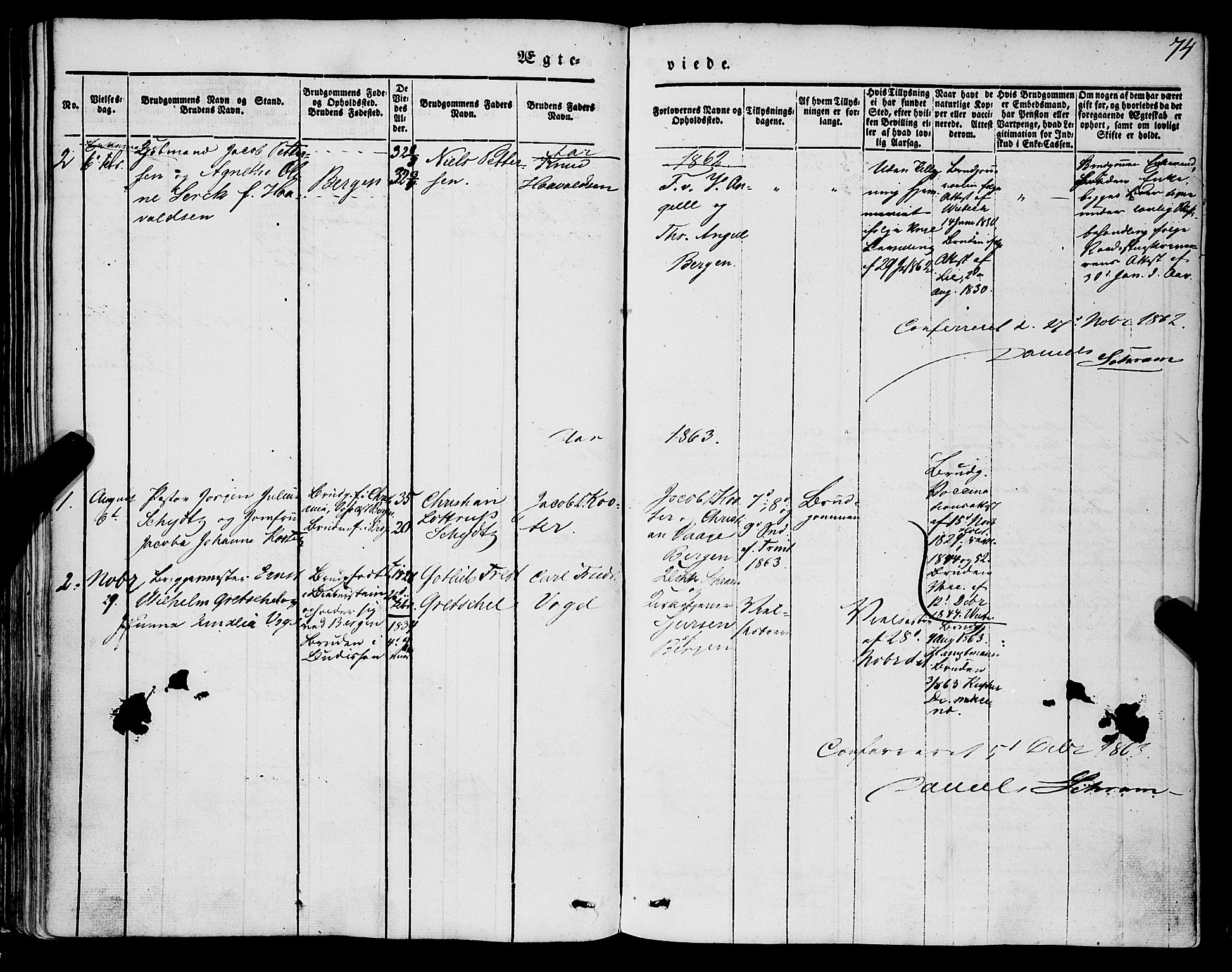 Mariakirken Sokneprestembete, AV/SAB-A-76901/H/Haa/L0006: Parish register (official) no. A 6, 1846-1877, p. 74