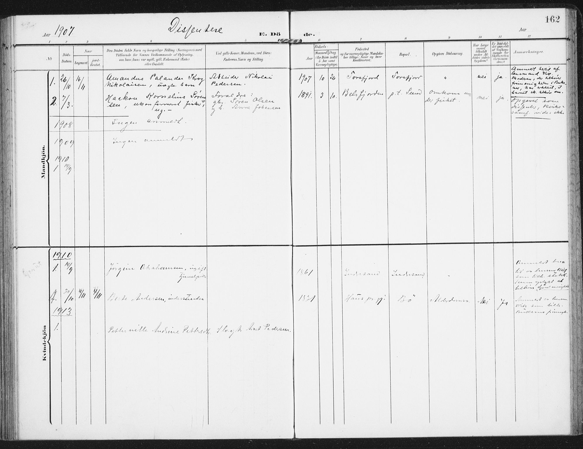 Ministerialprotokoller, klokkerbøker og fødselsregistre - Nordland, SAT/A-1459/885/L1206: Parish register (official) no. 885A07, 1905-1915, p. 162