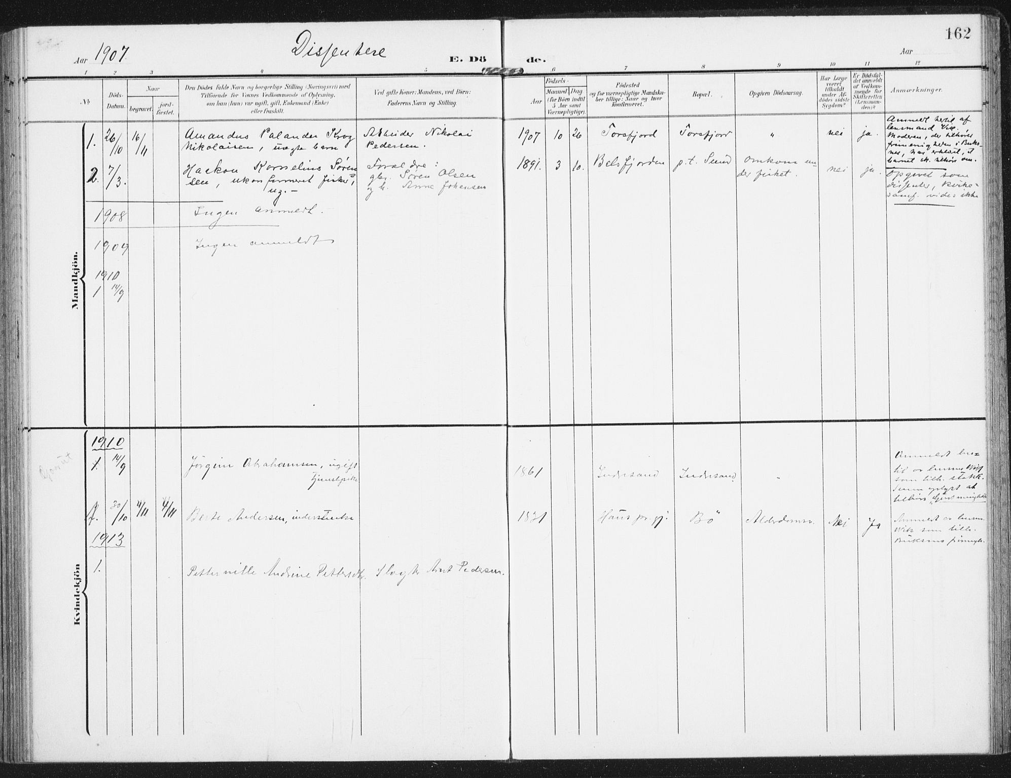 Ministerialprotokoller, klokkerbøker og fødselsregistre - Nordland, AV/SAT-A-1459/885/L1206: Parish register (official) no. 885A07, 1905-1915, p. 162