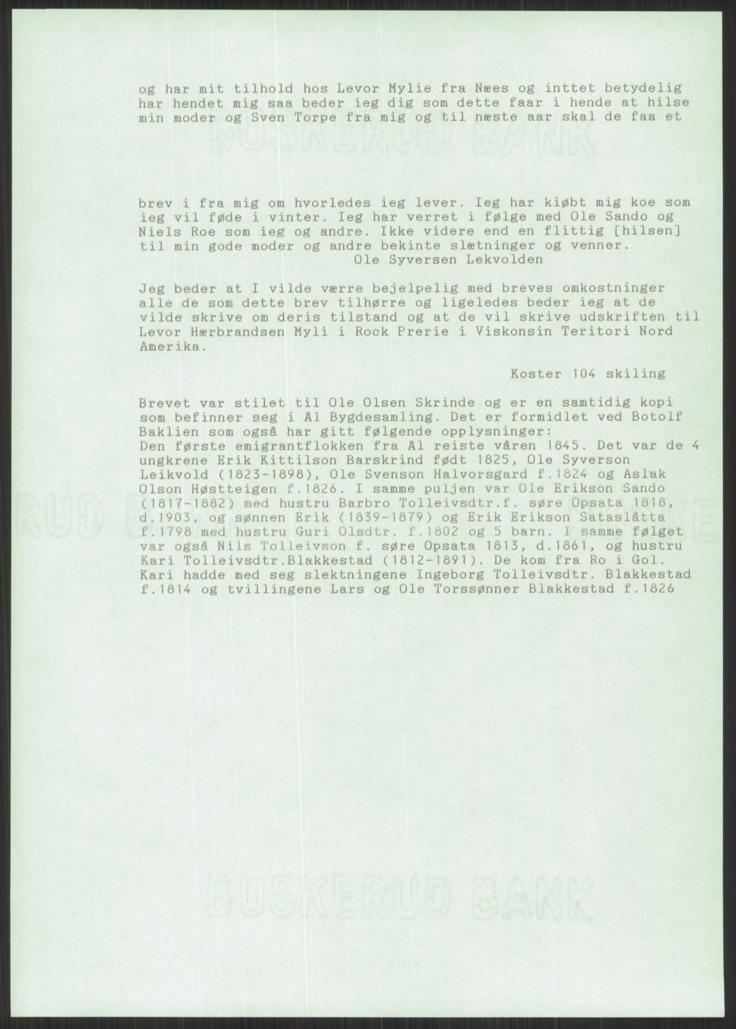 Samlinger til kildeutgivelse, Amerikabrevene, RA/EA-4057/F/L0021: Innlån fra Buskerud: Michalsen - Ål bygdearkiv, 1838-1914, p. 605