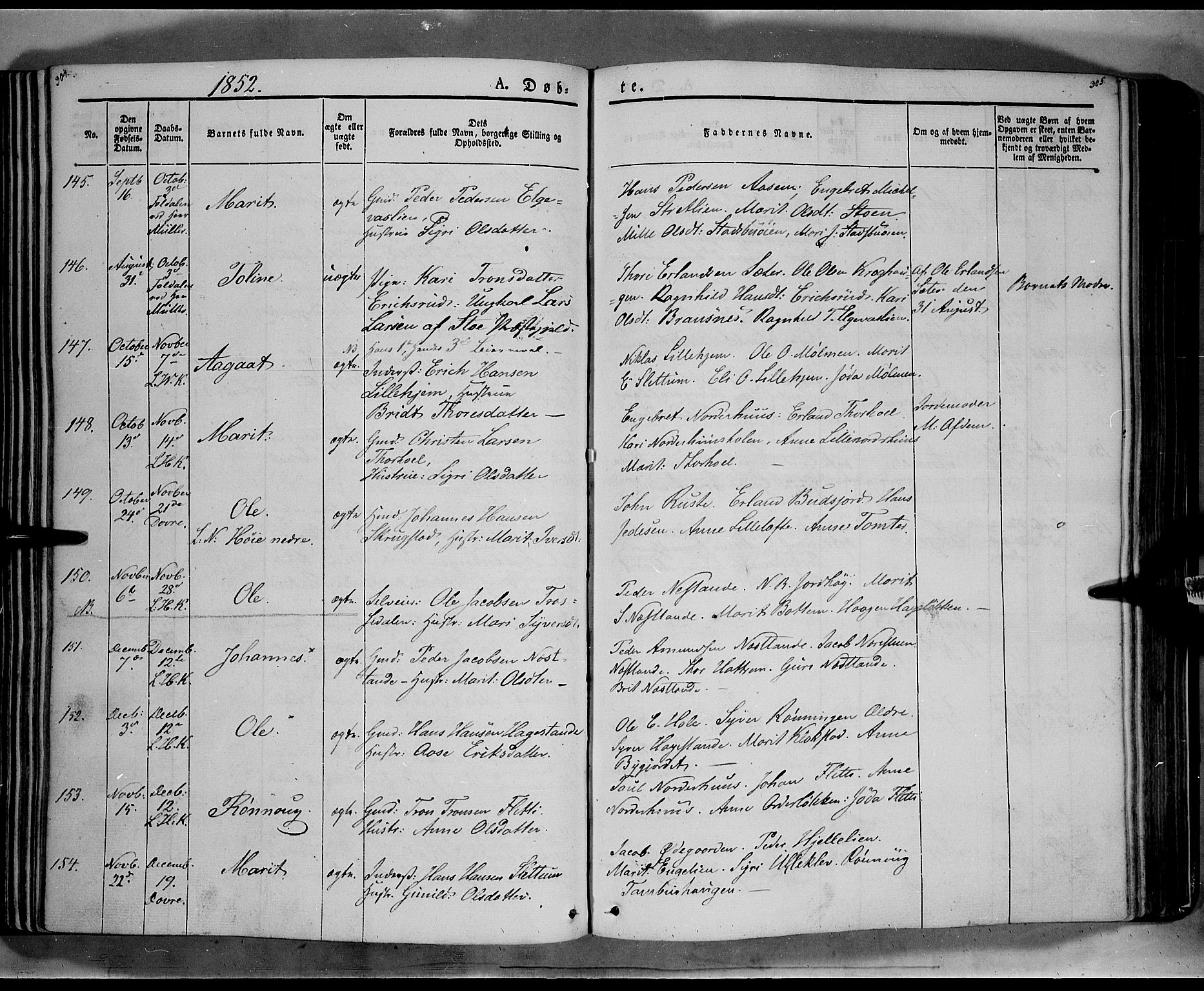 Lesja prestekontor, SAH/PREST-068/H/Ha/Haa/L0006: Parish register (official) no. 6A, 1843-1854, p. 304-305