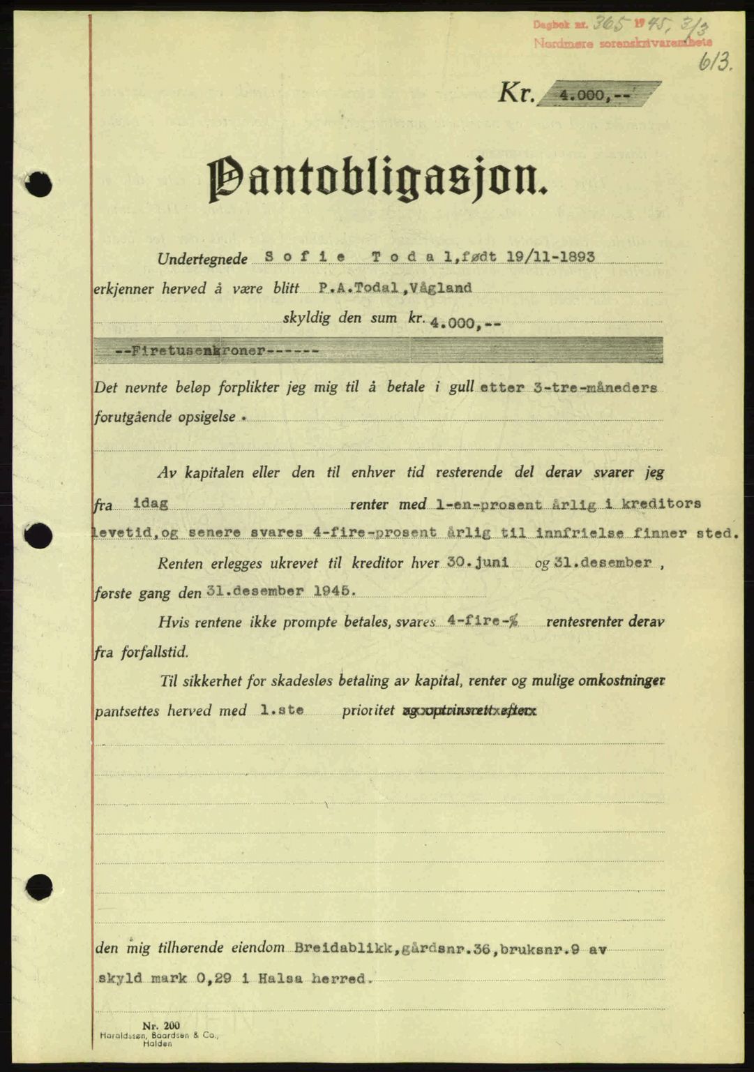 Nordmøre sorenskriveri, AV/SAT-A-4132/1/2/2Ca: Mortgage book no. B92, 1944-1945, Diary no: : 365/1945