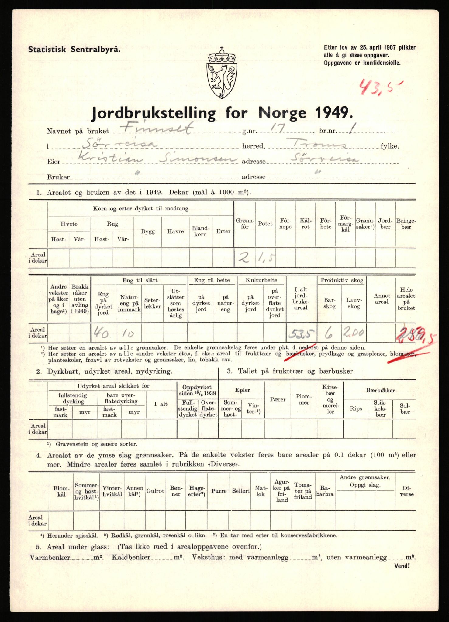 Statistisk sentralbyrå, Næringsøkonomiske emner, Jordbruk, skogbruk, jakt, fiske og fangst, AV/RA-S-2234/G/Gc/L0440: Troms: Sørreisa og Dyrøy, 1949, p. 796