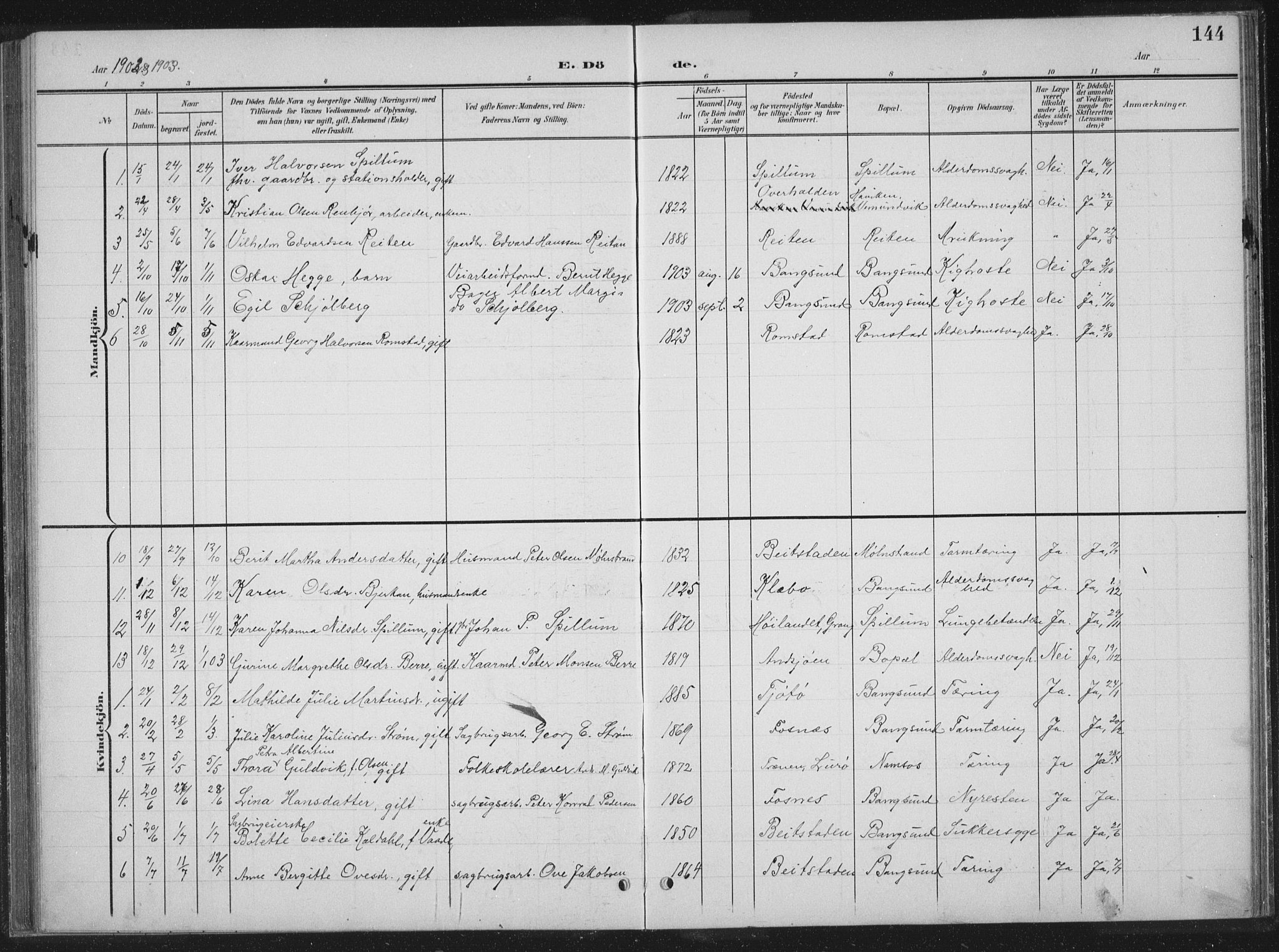 Ministerialprotokoller, klokkerbøker og fødselsregistre - Nord-Trøndelag, AV/SAT-A-1458/770/L0591: Parish register (copy) no. 770C02, 1902-1940, p. 144