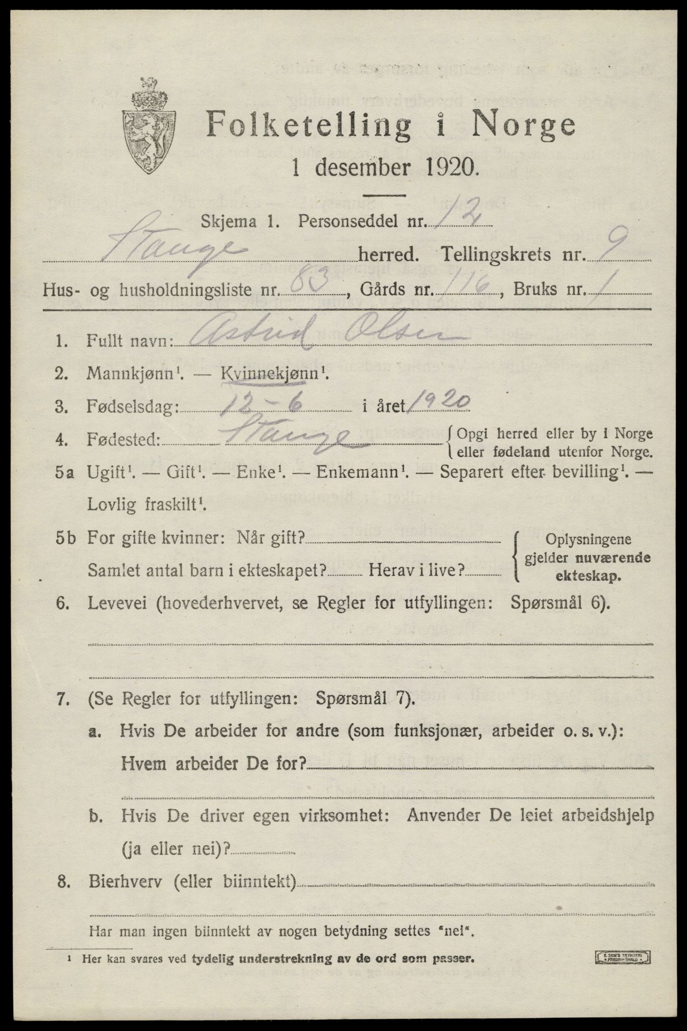 SAH, 1920 census for Stange, 1920, p. 15641