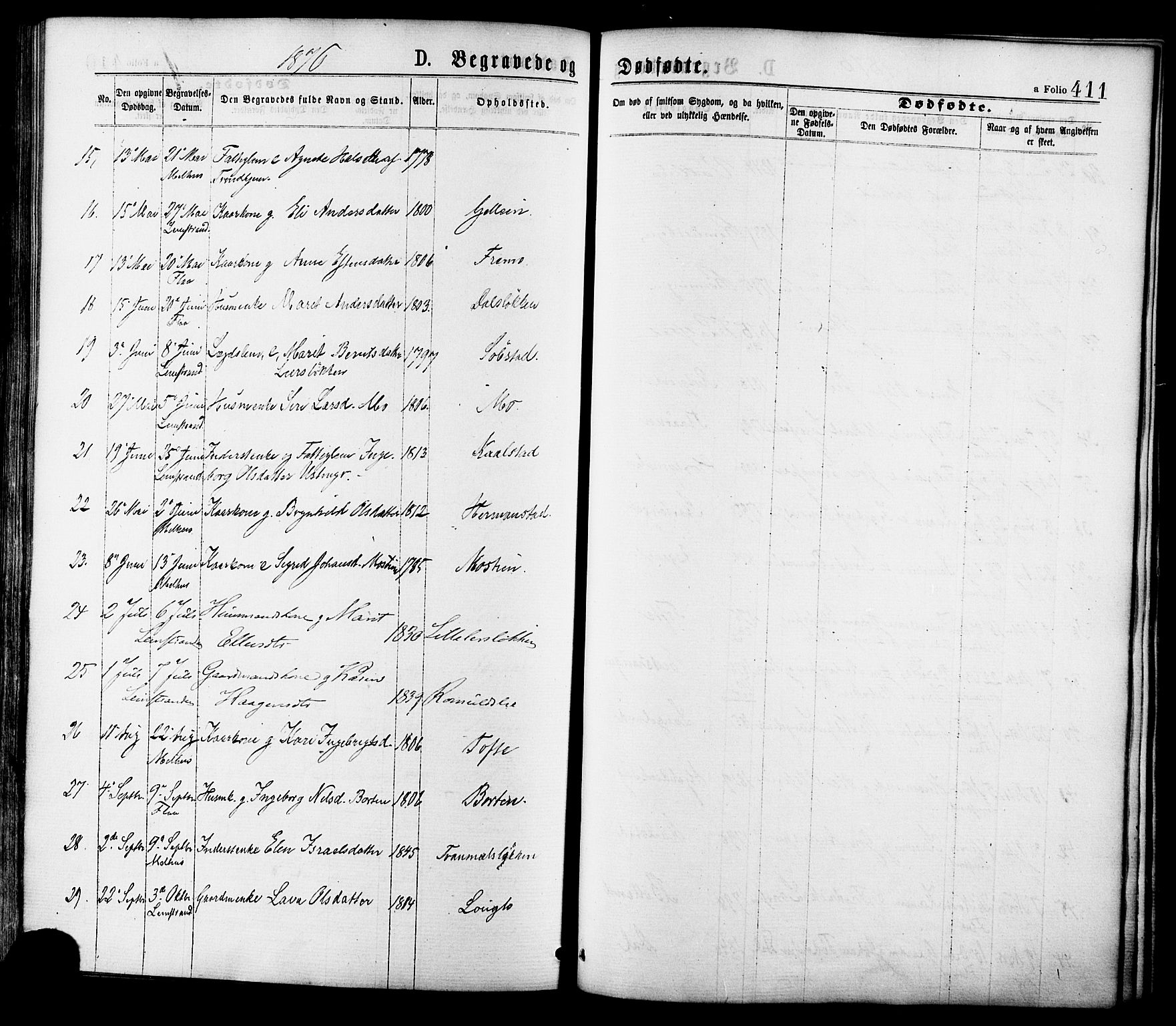 Ministerialprotokoller, klokkerbøker og fødselsregistre - Sør-Trøndelag, SAT/A-1456/691/L1079: Parish register (official) no. 691A11, 1873-1886, p. 411