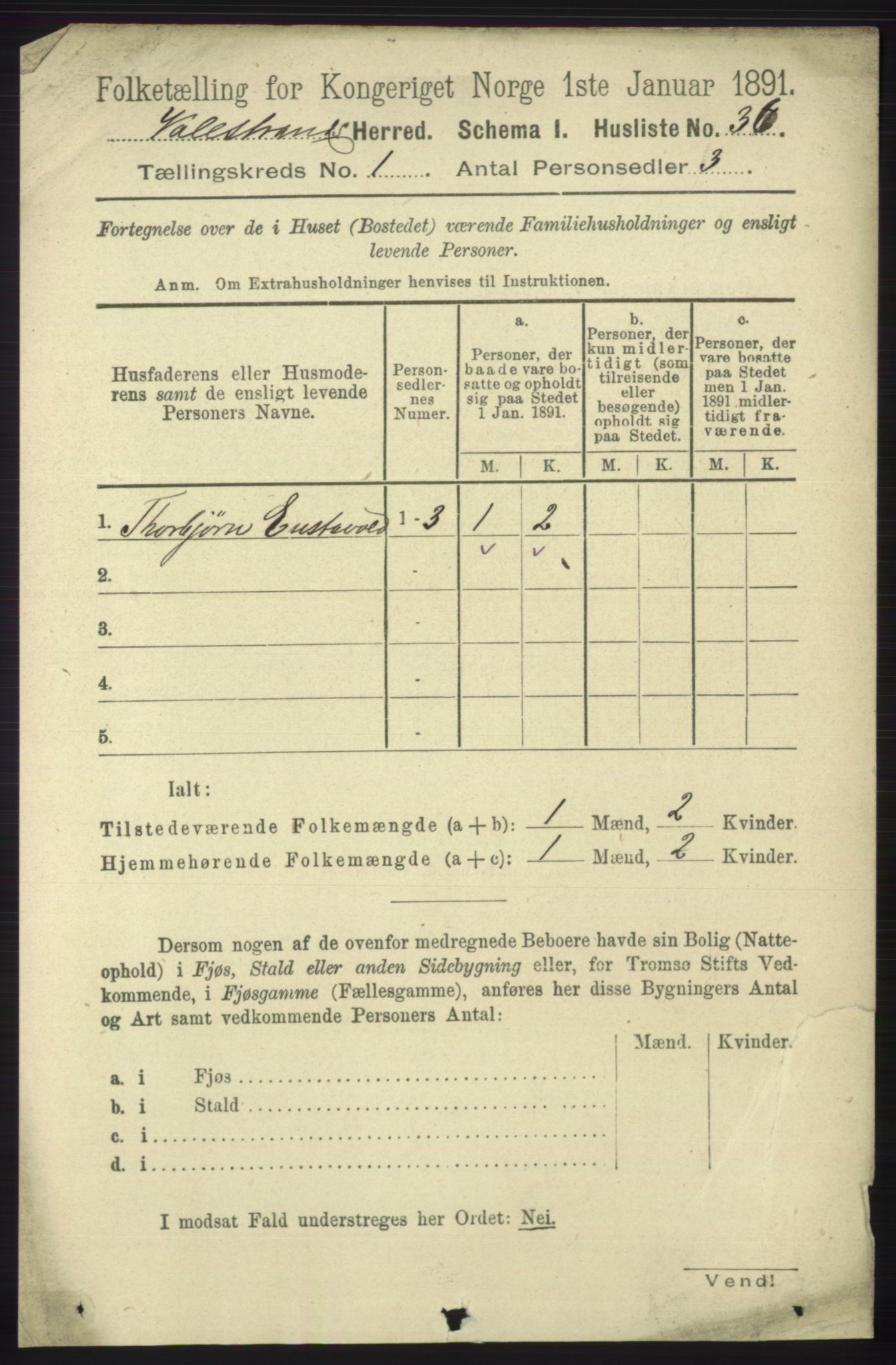 RA, 1891 census for 1217 Valestrand, 1891, p. 51