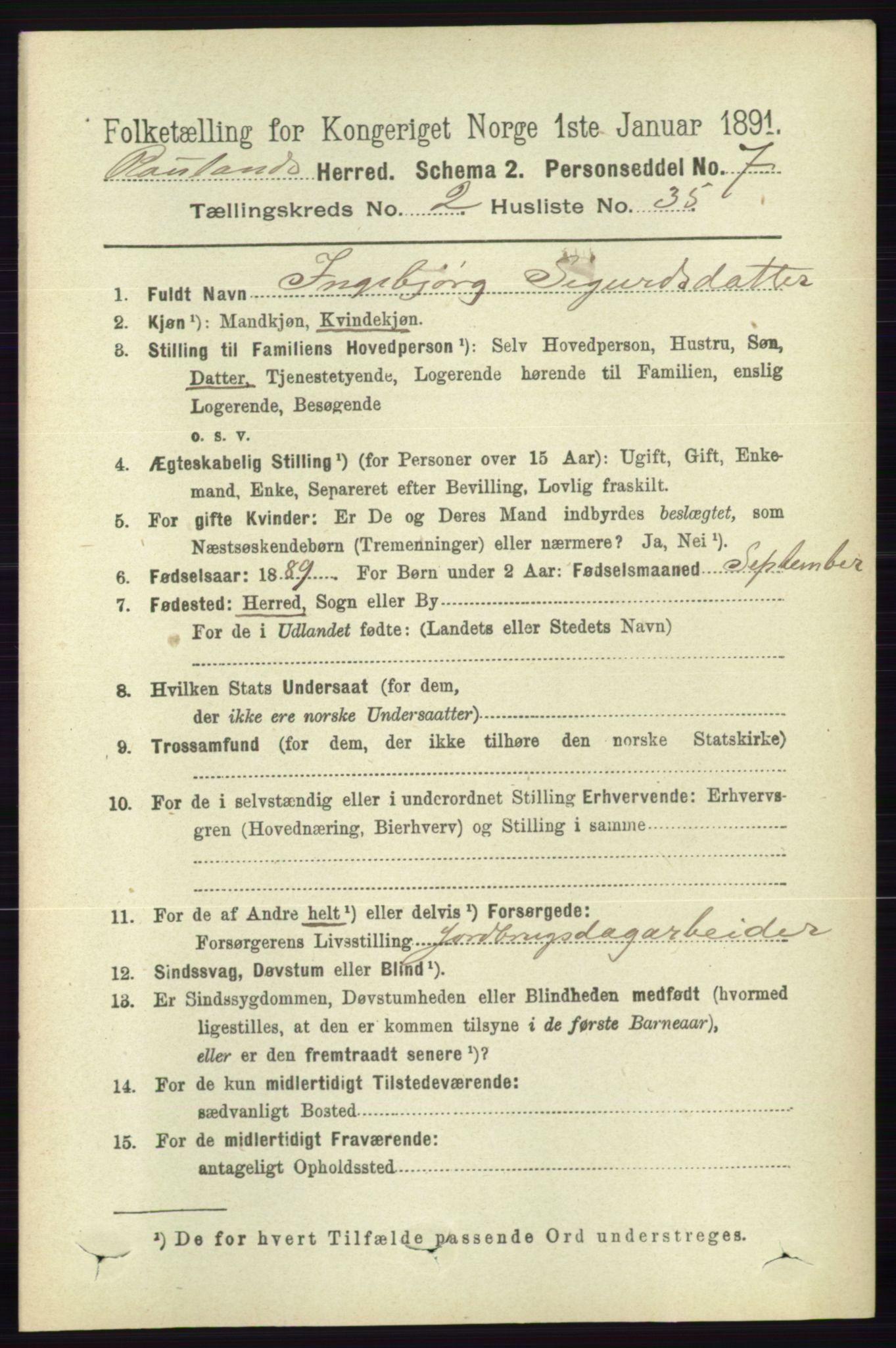 RA, 1891 census for 0835 Rauland, 1891, p. 481