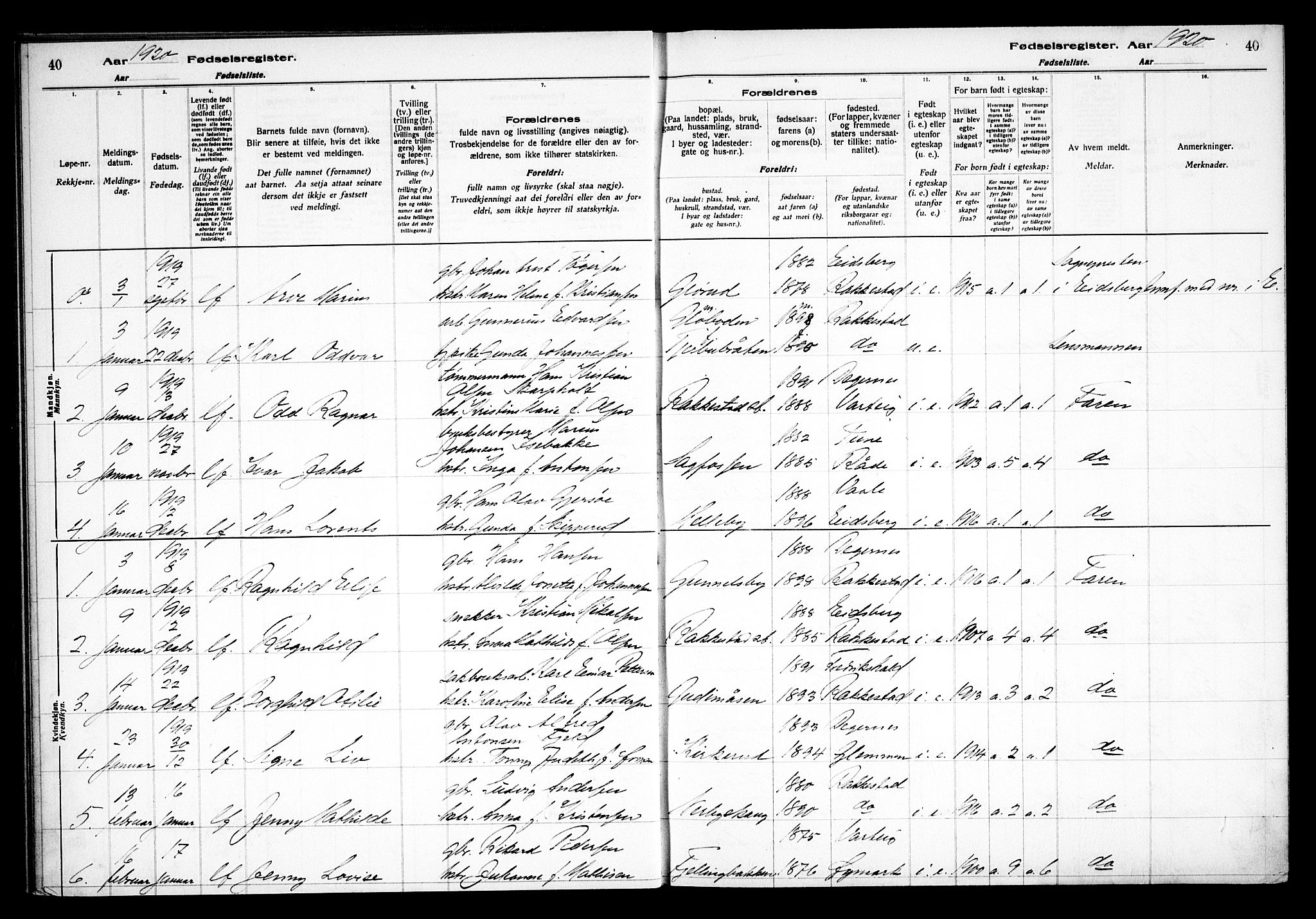 Rakkestad prestekontor Kirkebøker, AV/SAO-A-2008/J/Ja/L0001: Birth register no. I 1, 1916-1936, p. 40