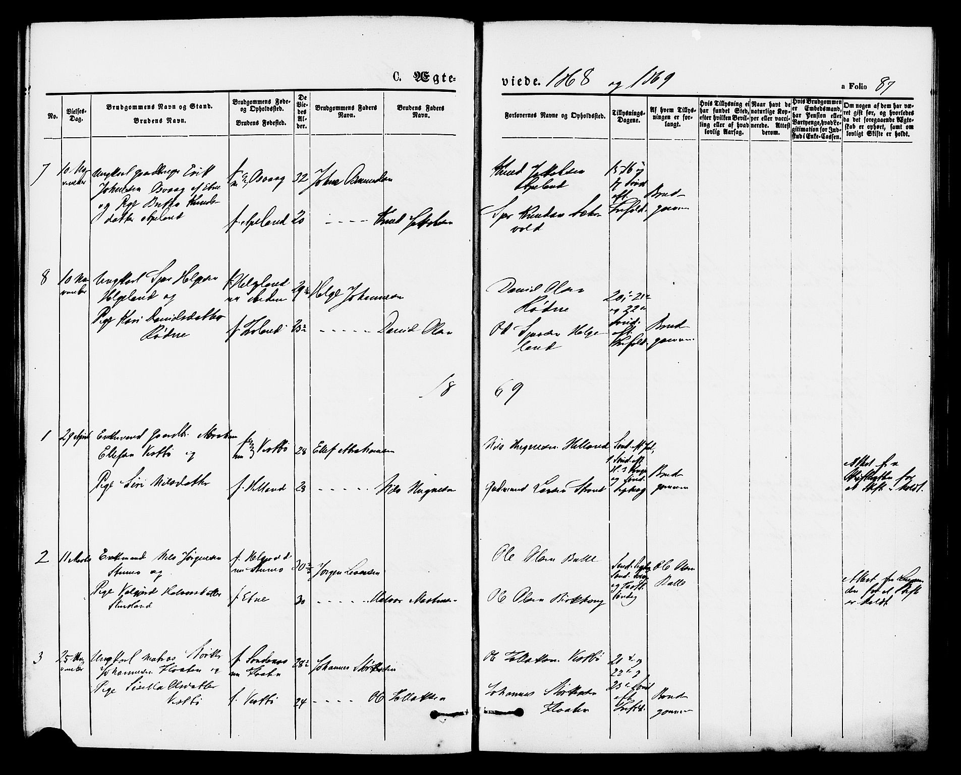 Vikedal sokneprestkontor, AV/SAST-A-101840/01/IV: Parish register (official) no. A 8, 1868-1885, p. 87