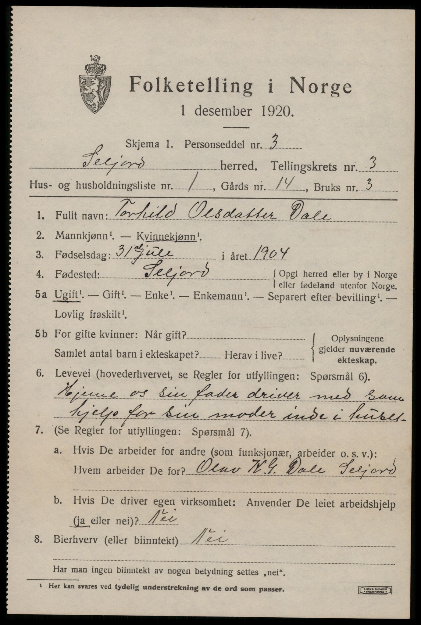 SAKO, 1920 census for Seljord, 1920, p. 1750