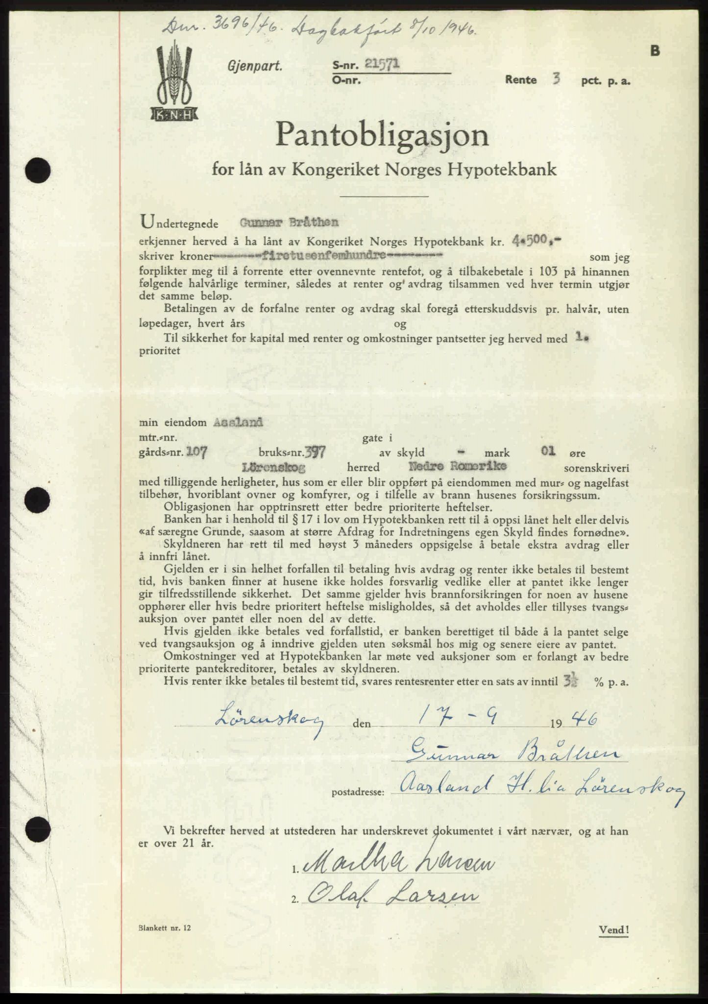 Nedre Romerike sorenskriveri, AV/SAO-A-10469/G/Gb/Gbd/L0017: Mortgage book no. 17, 1946-1946, Diary no: : 3696/1946