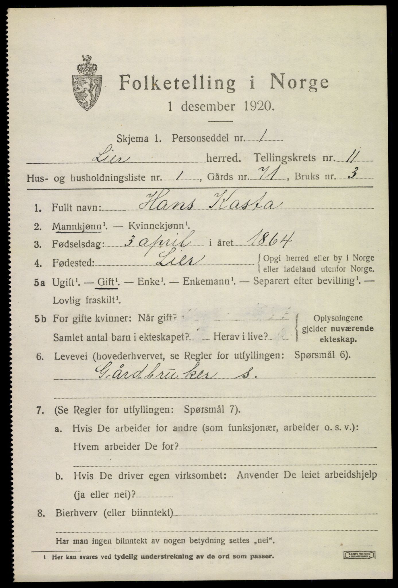 SAKO, 1920 census for Lier, 1920, p. 17258