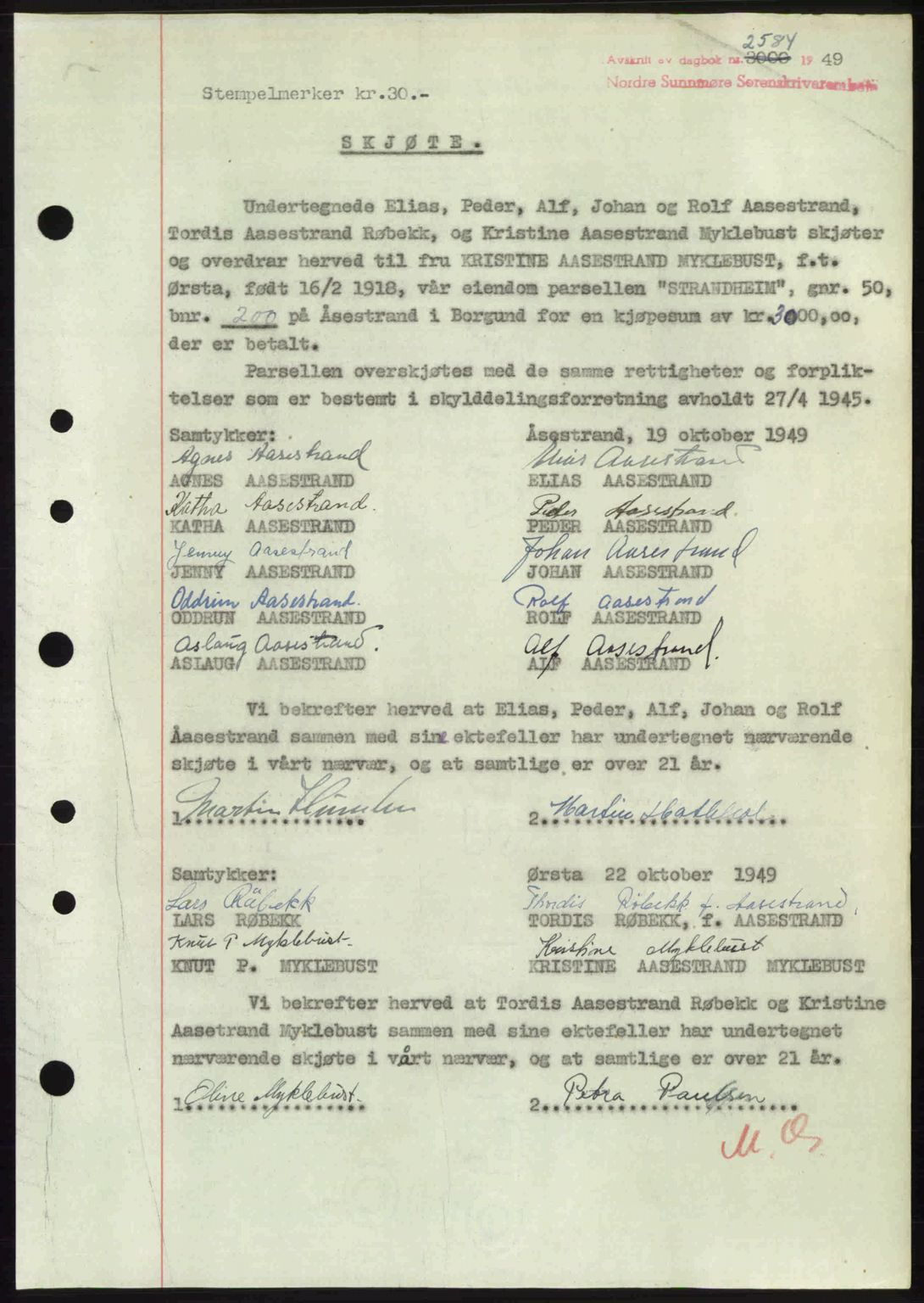 Nordre Sunnmøre sorenskriveri, AV/SAT-A-0006/1/2/2C/2Ca: Mortgage book no. A32, 1949-1949, Diary no: : 2584/1949