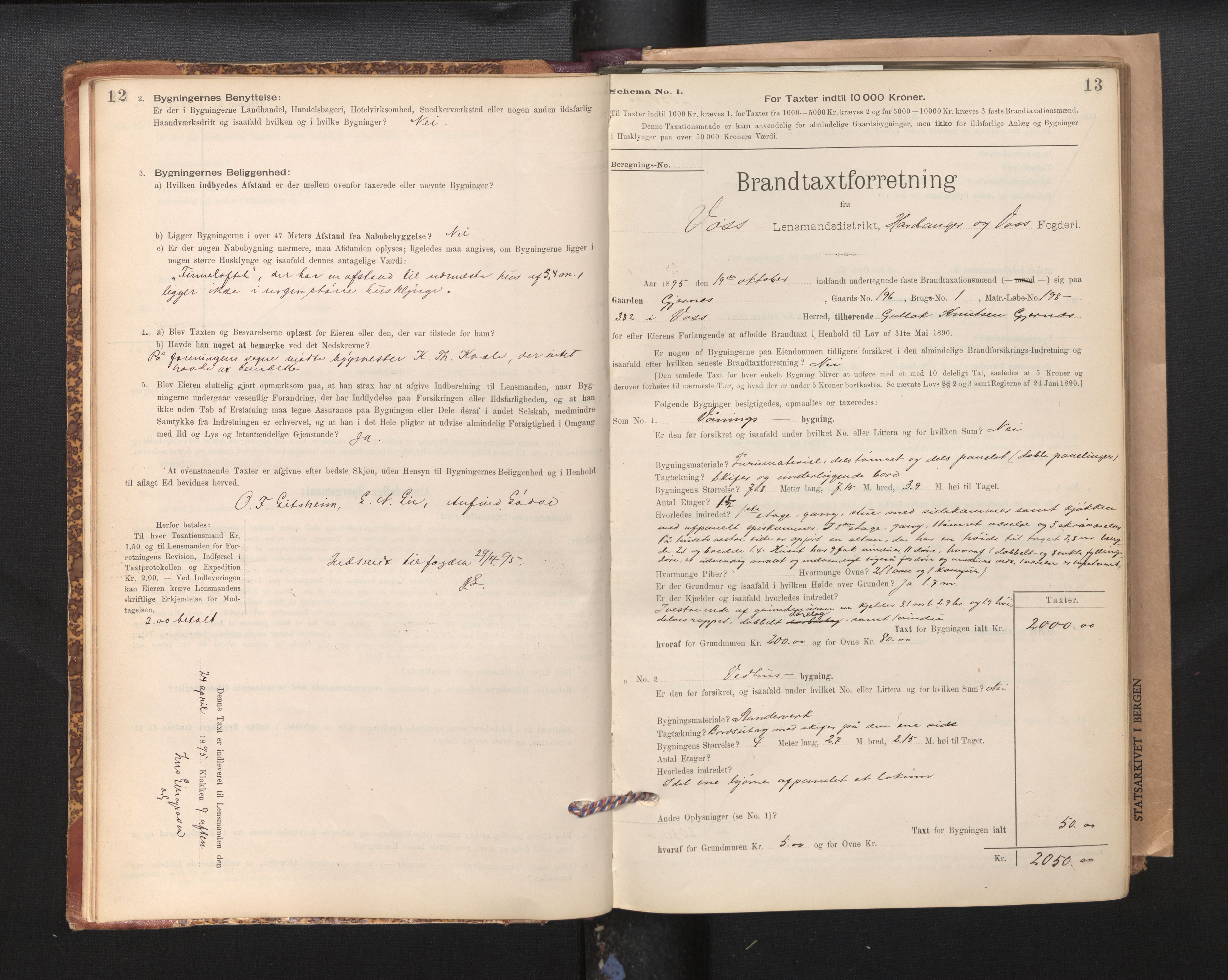 Lensmannen i Voss, SAB/A-35801/0012/L0008: Branntakstprotokoll, skjematakst, 1895-1945, p. 12-13
