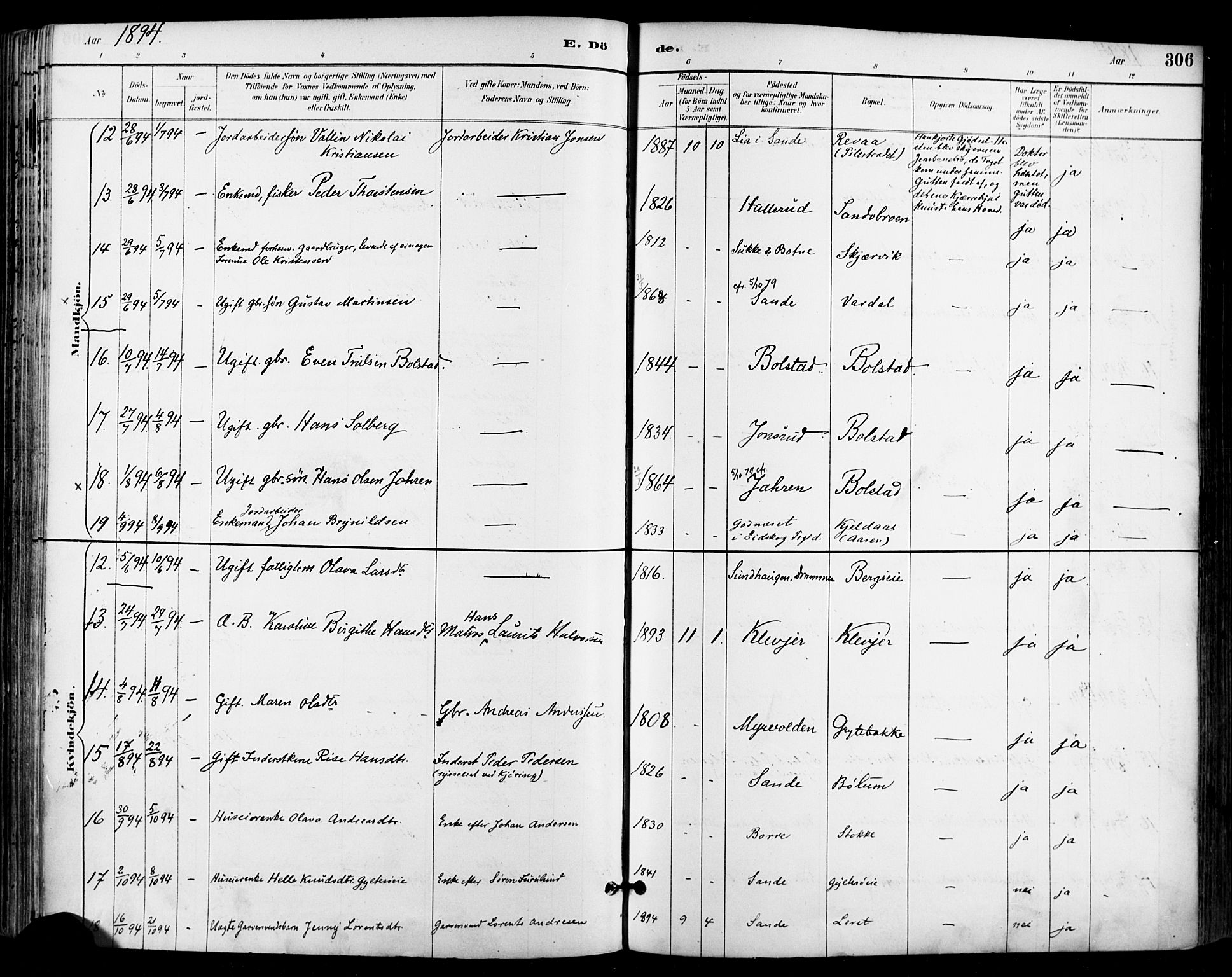 Sande Kirkebøker, AV/SAKO-A-53/F/Fa/L0007: Parish register (official) no. 7, 1888-1903, p. 306