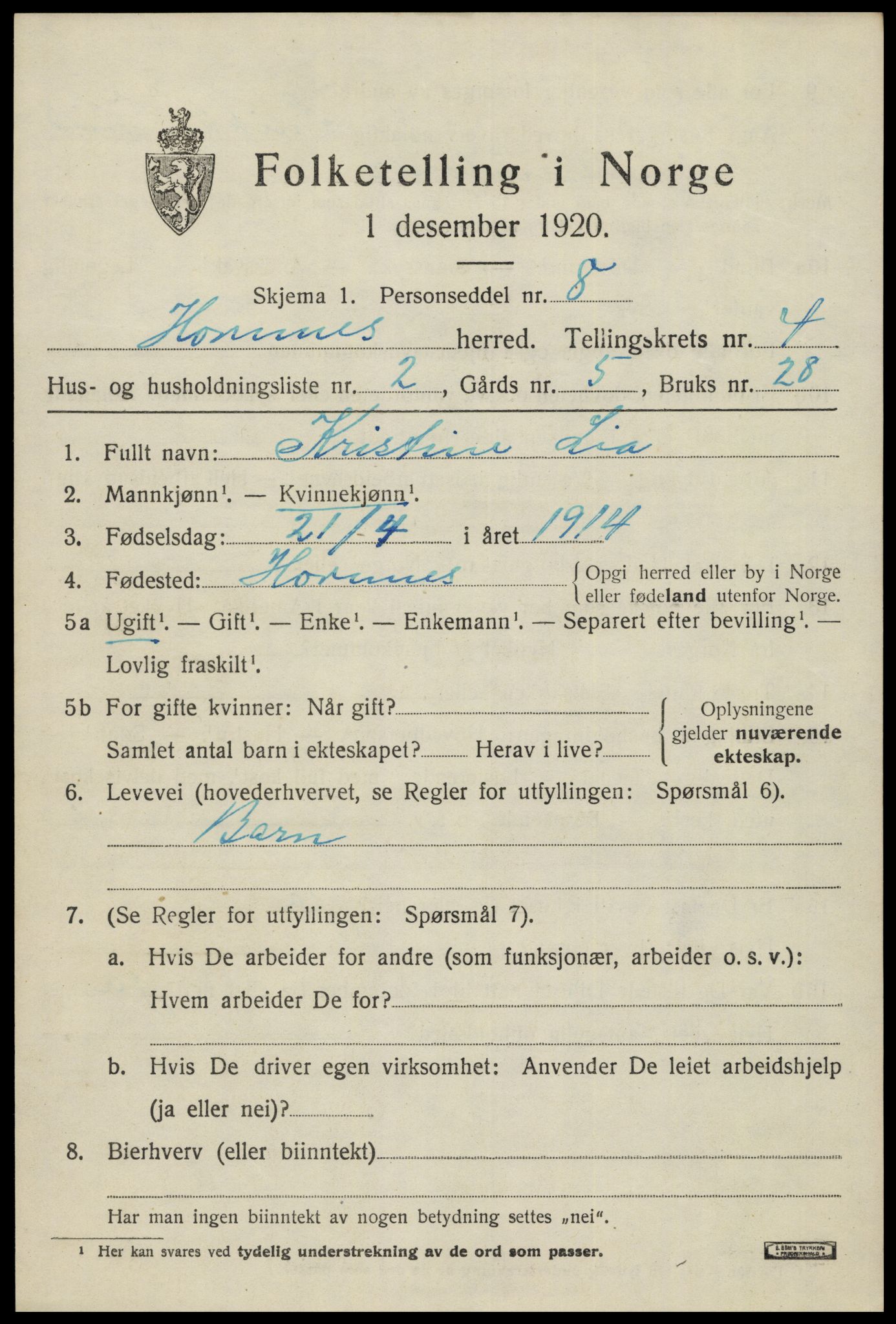 SAK, 1920 census for Hornnes, 1920, p. 1155