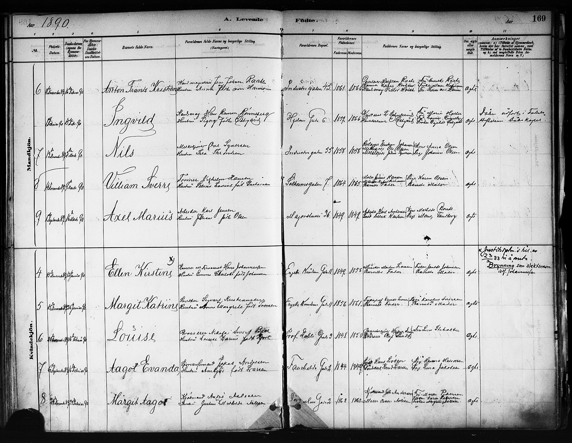 Uranienborg prestekontor Kirkebøker, SAO/A-10877/F/Fa/L0001: Parish register (official) no. 1, 1880-1895, p. 169