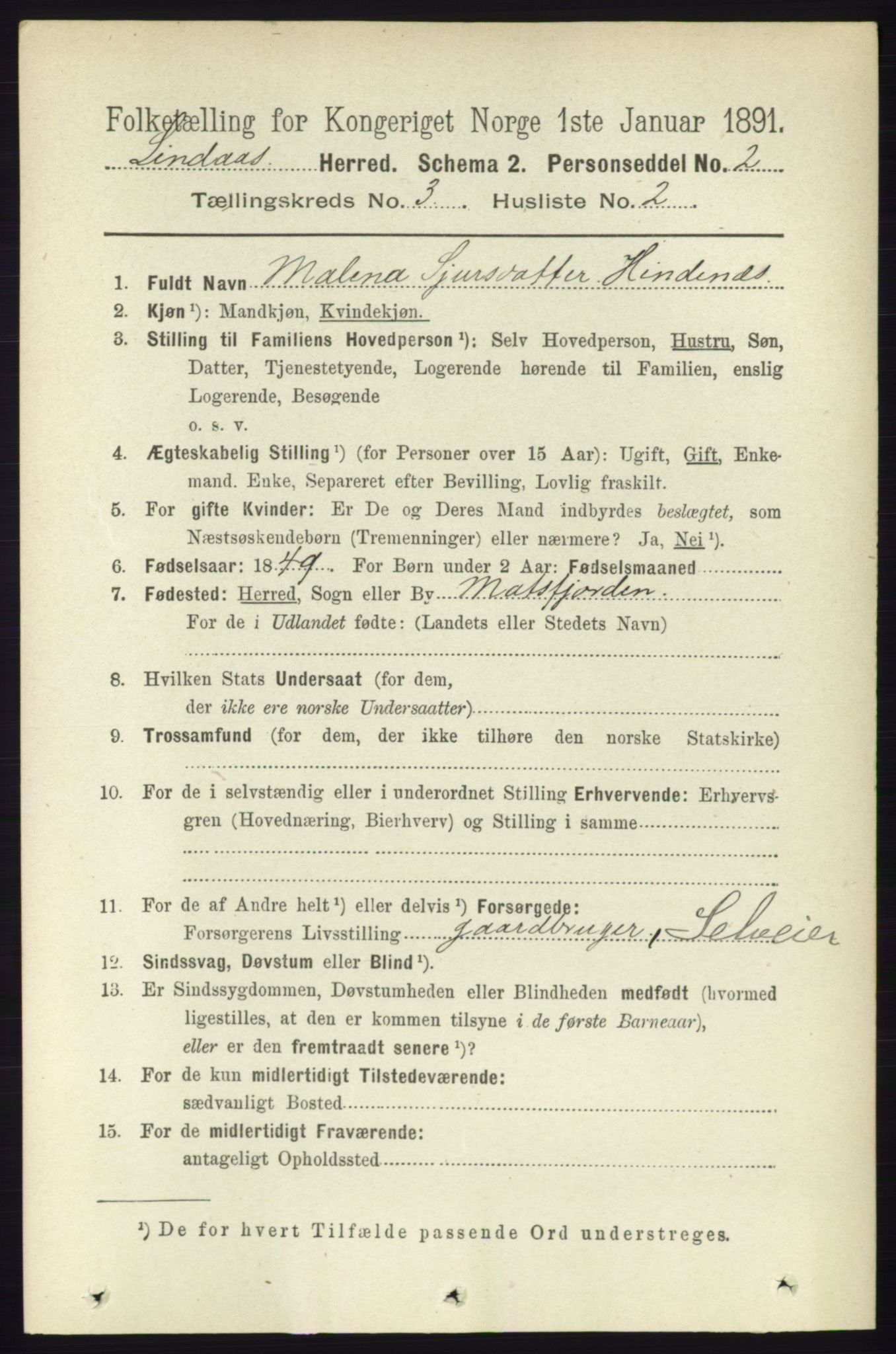 RA, 1891 census for 1263 Lindås, 1891, p. 811