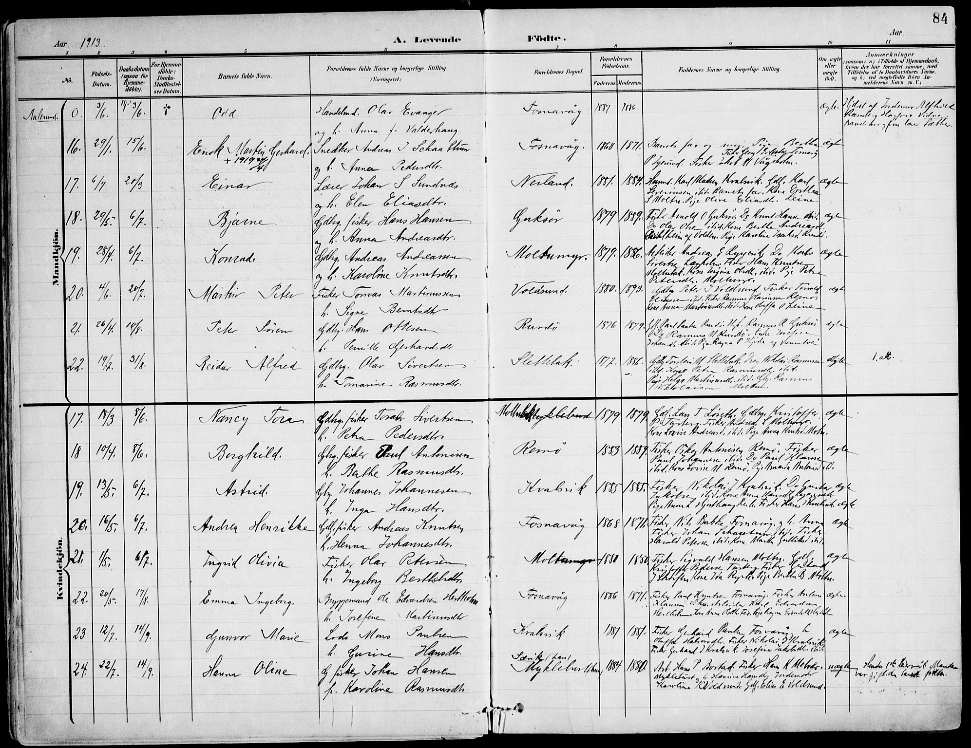 Ministerialprotokoller, klokkerbøker og fødselsregistre - Møre og Romsdal, AV/SAT-A-1454/507/L0075: Parish register (official) no. 507A10, 1901-1920, p. 84