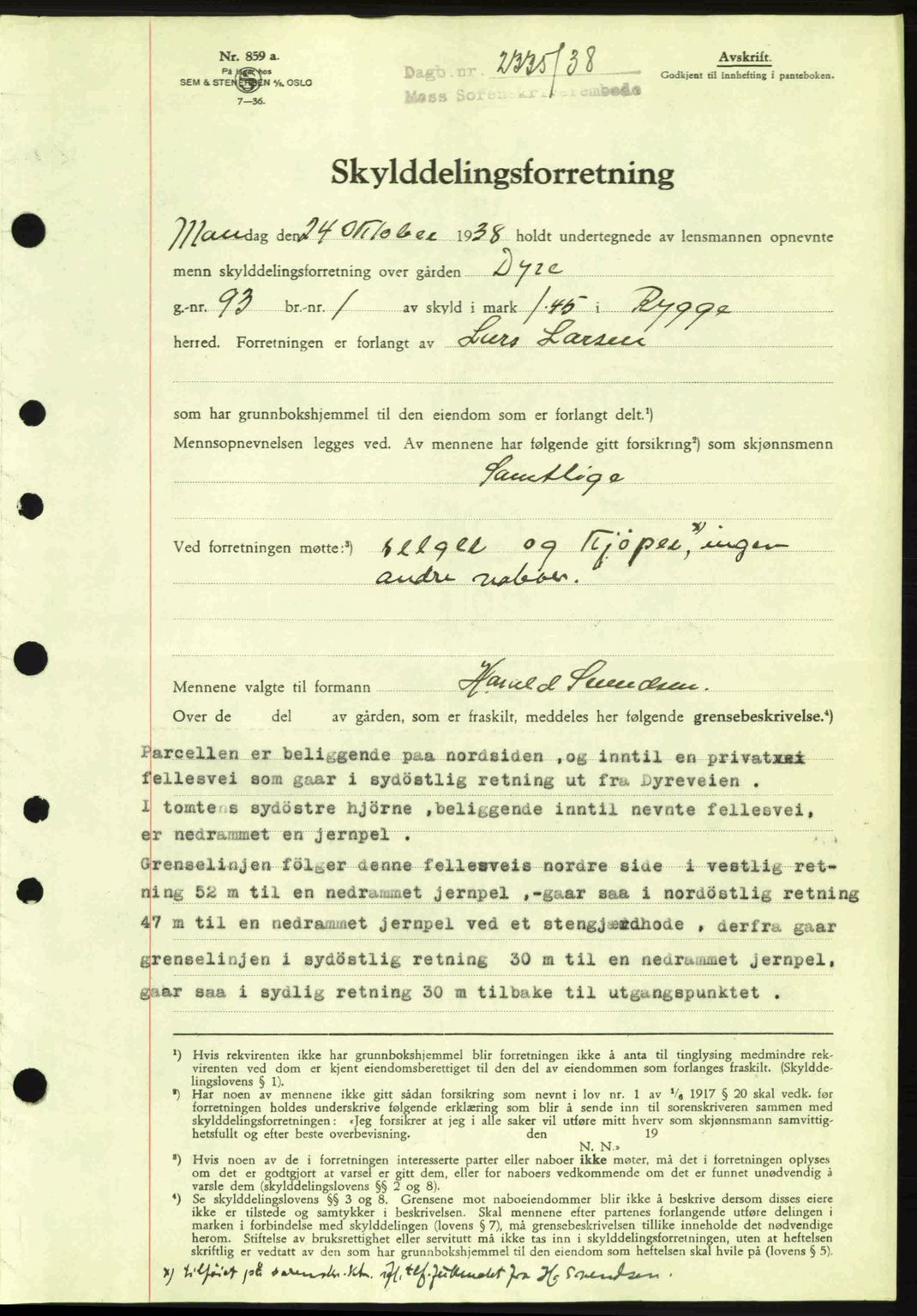 Moss sorenskriveri, SAO/A-10168: Mortgage book no. A5, 1938-1939, Diary no: : 2335/1938