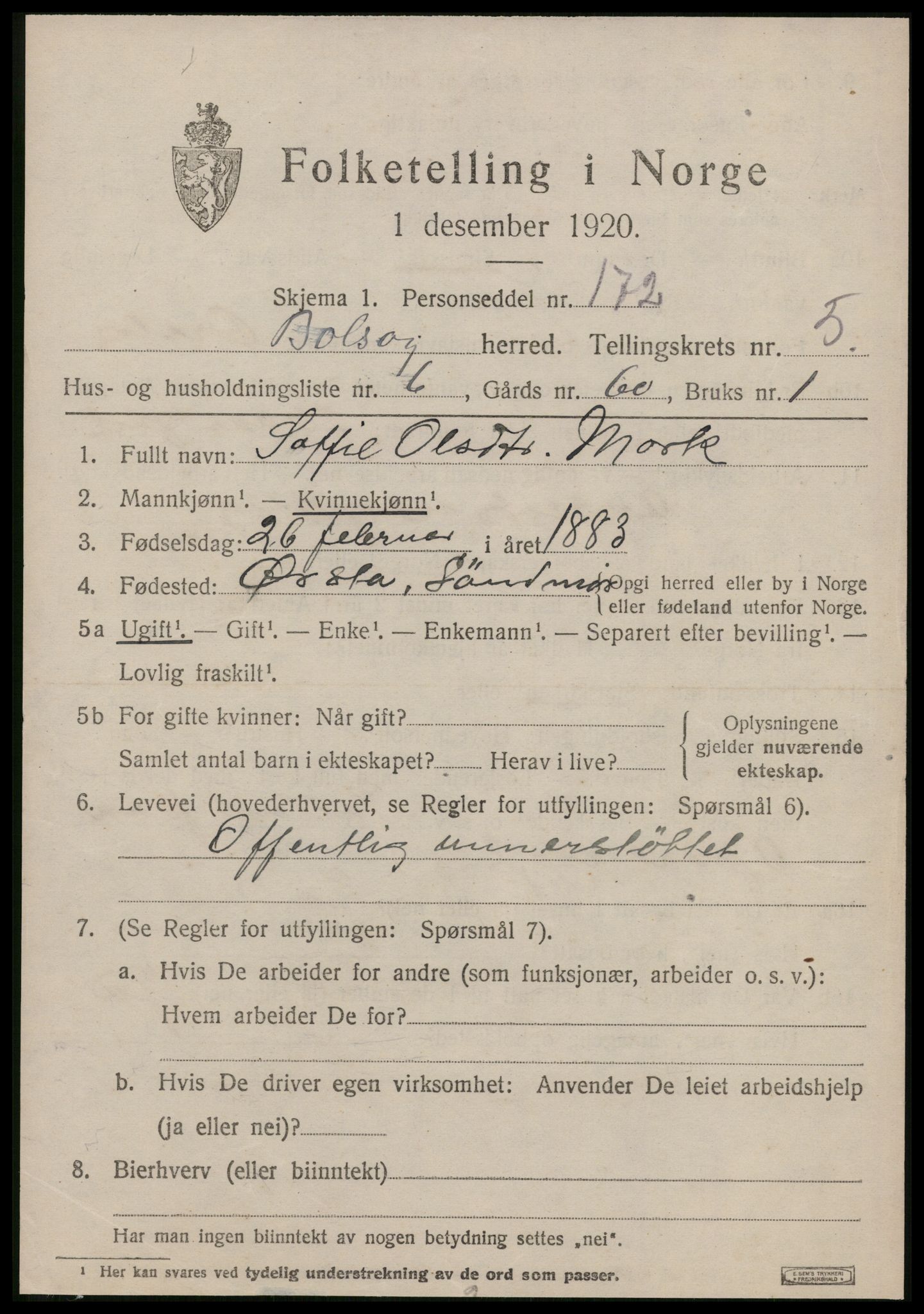 SAT, 1920 census for Bolsøy, 1920, p. 7543