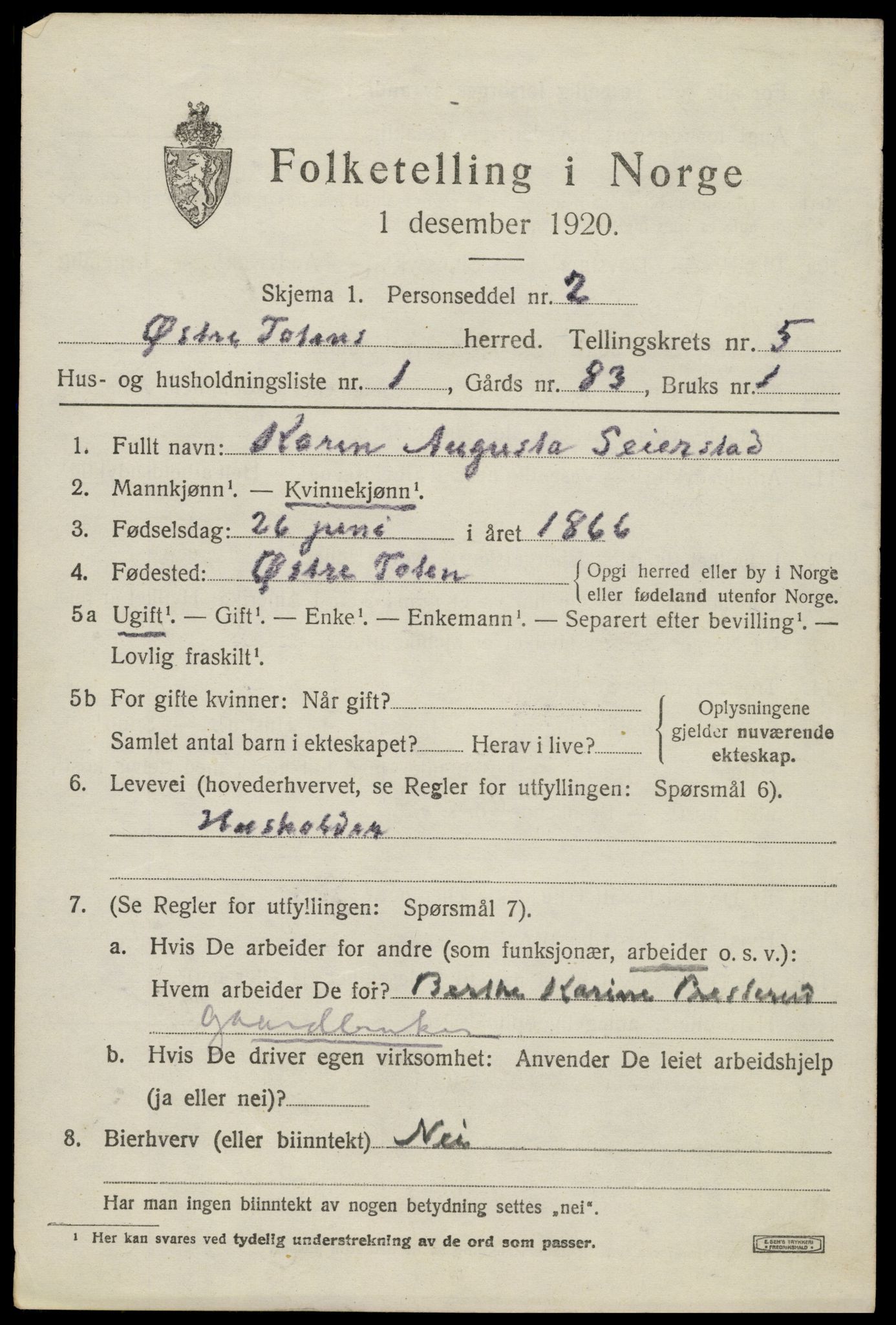 SAH, 1920 census for Østre Toten, 1920, p. 10796