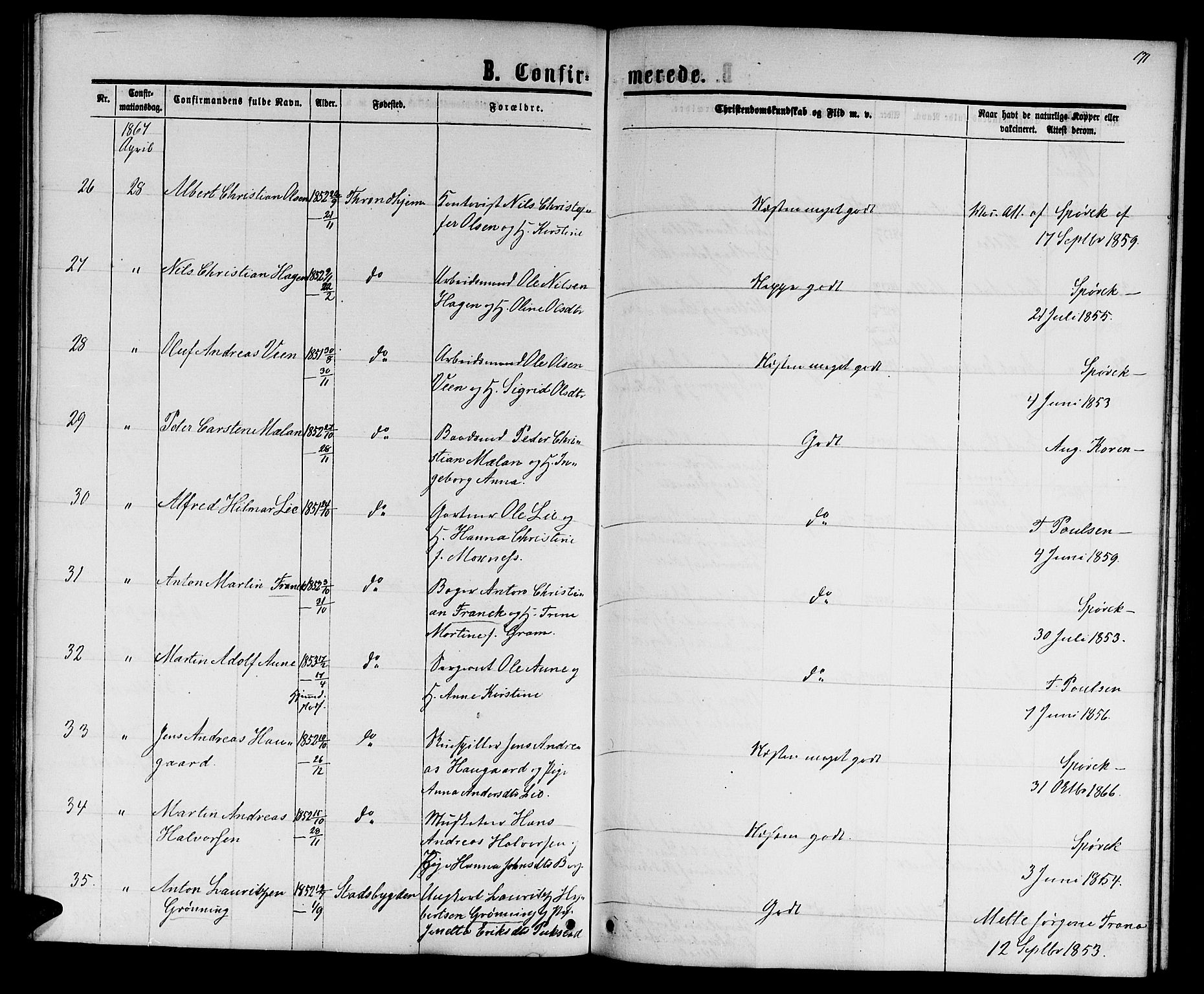 Ministerialprotokoller, klokkerbøker og fødselsregistre - Sør-Trøndelag, AV/SAT-A-1456/601/L0087: Parish register (copy) no. 601C05, 1864-1881, p. 171