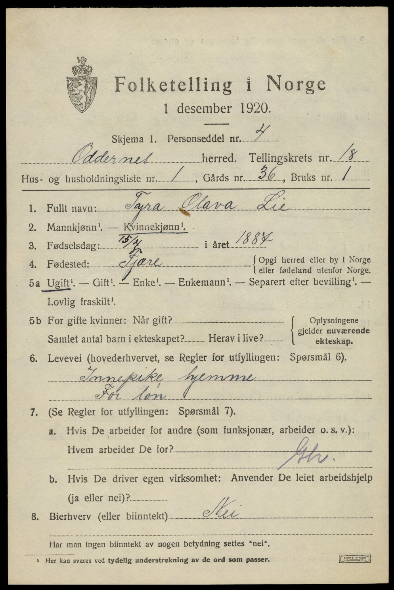 SAK, 1920 census for Oddernes, 1920, p. 13371