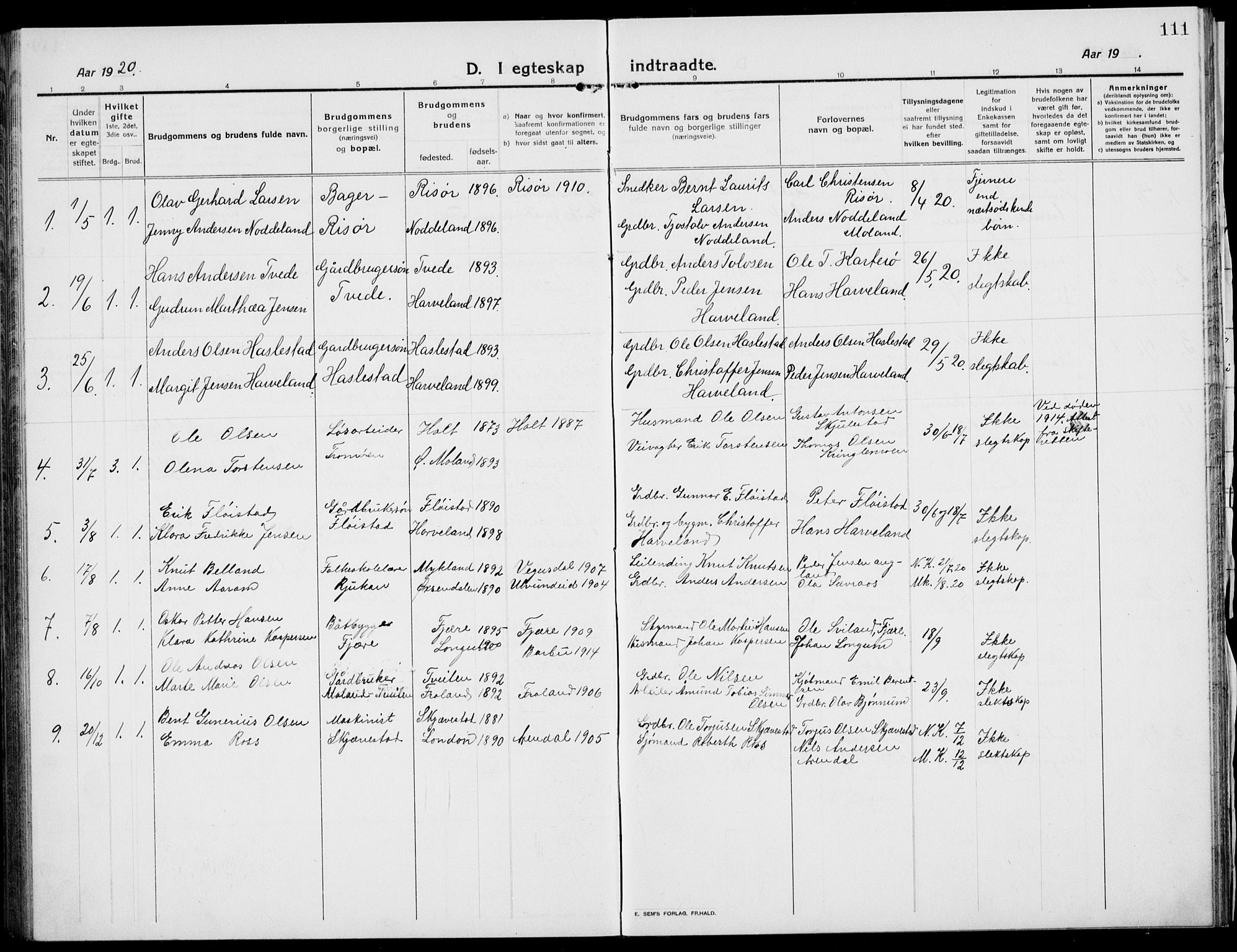 Austre Moland sokneprestkontor, SAK/1111-0001/F/Fb/Fba/L0005: Parish register (copy) no. B 4b, 1914-1935, p. 111