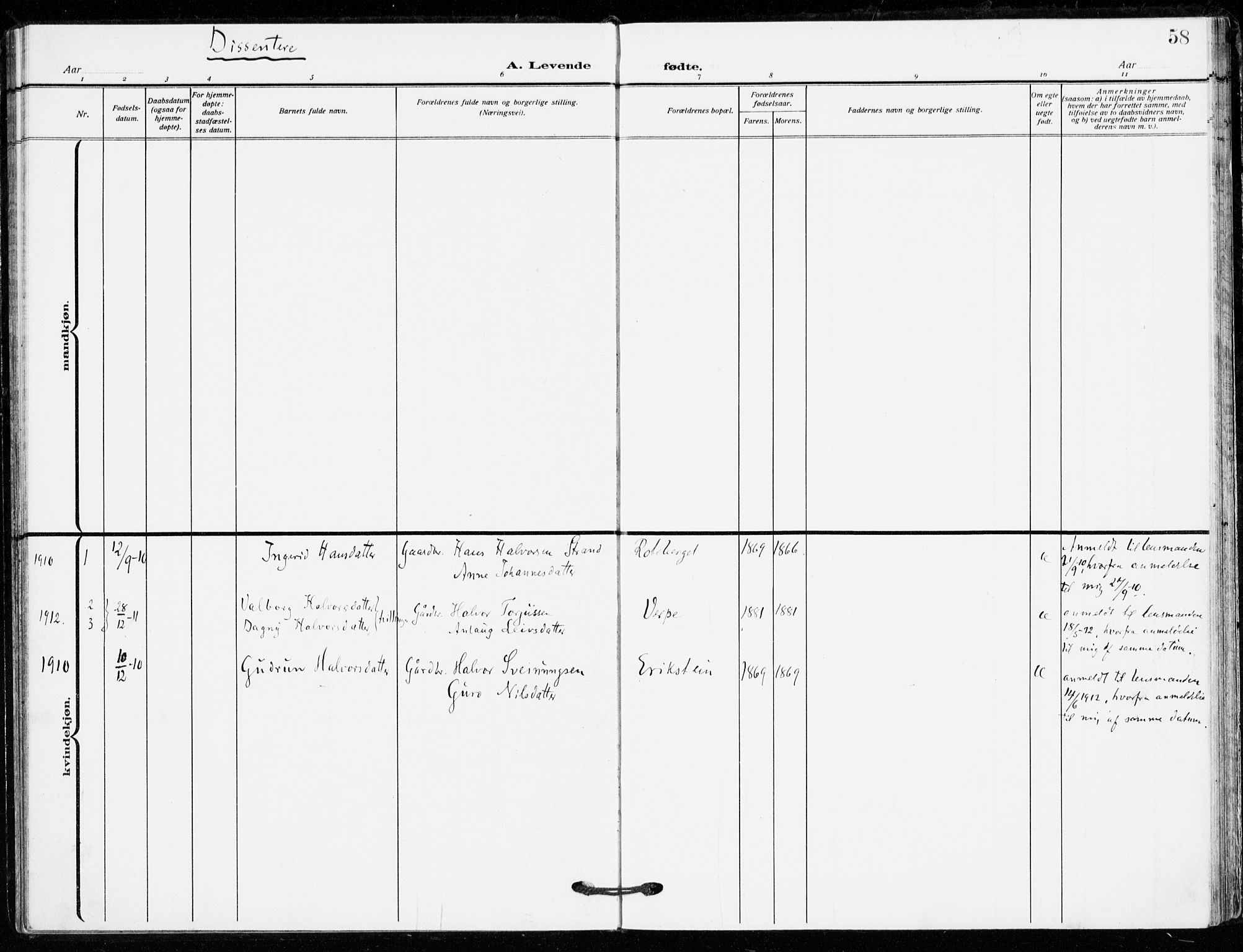 Bø kirkebøker, SAKO/A-257/F/Fa/L0013: Parish register (official) no. 13, 1909-1921, p. 58