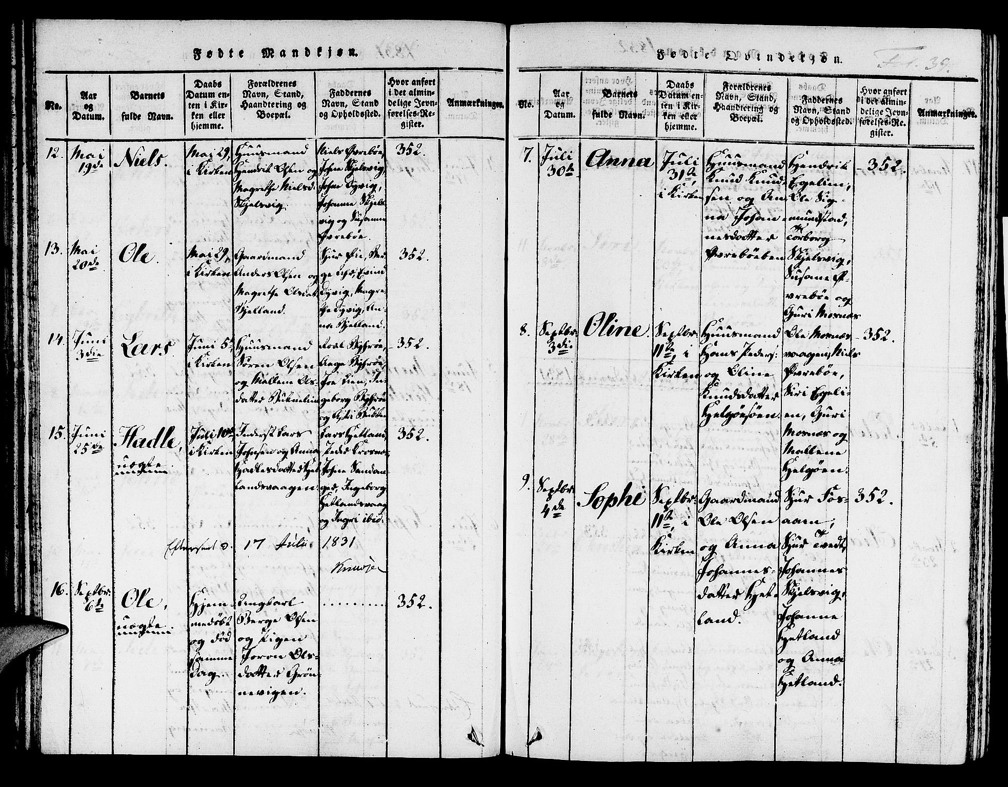 Hjelmeland sokneprestkontor, AV/SAST-A-101843/01/IV/L0004: Parish register (official) no. A 4, 1816-1834, p. 39