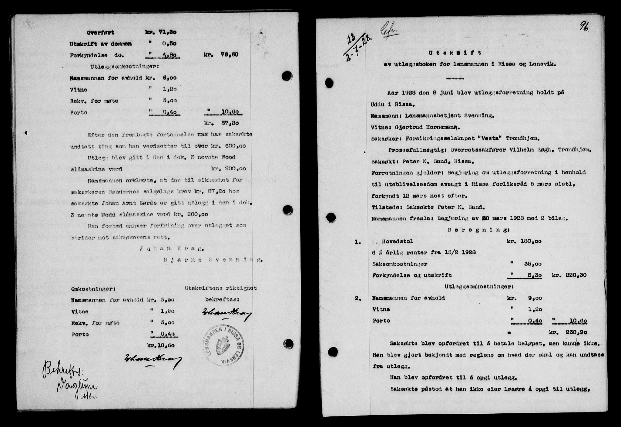 Fosen sorenskriveri, AV/SAT-A-1107/1/2/2C/L0067: Mortgage book no. 58, 1928-1929, p. 96, Deed date: 02.07.1928