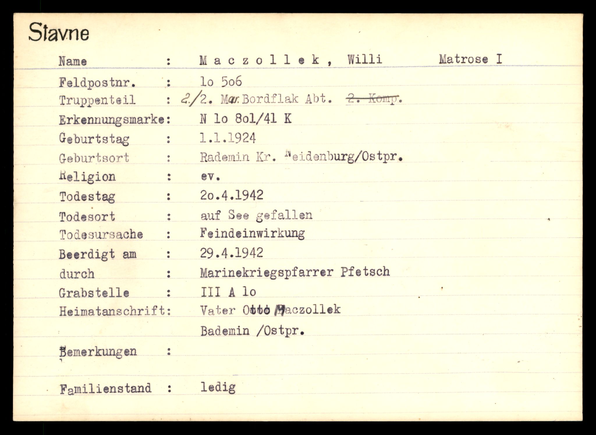 Distriktskontoret for krigsgraver, AV/SAT-A-5030/E/L0003: Kasett/kartotek over tysk Krigskirkegård Stavne, 1945, p. 887