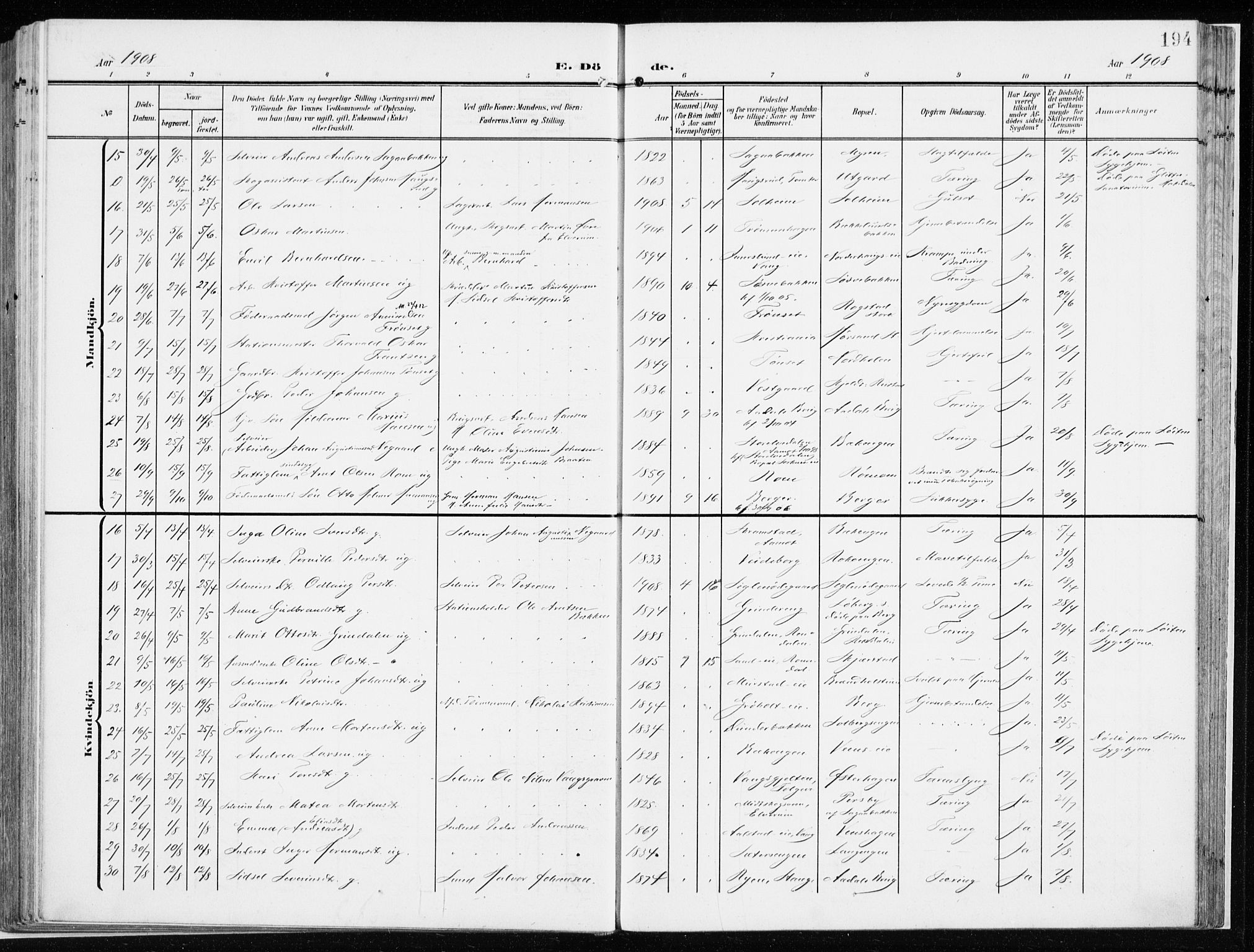 Løten prestekontor, AV/SAH-PREST-022/K/Ka/L0011: Parish register (official) no. 11, 1908-1917, p. 194