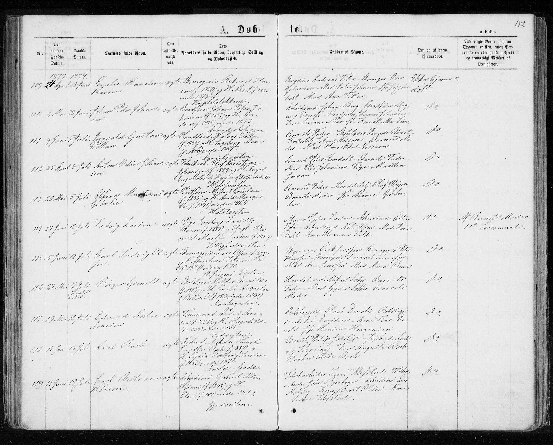 Ministerialprotokoller, klokkerbøker og fødselsregistre - Sør-Trøndelag, SAT/A-1456/601/L0054: Parish register (official) no. 601A22, 1866-1877, p. 152