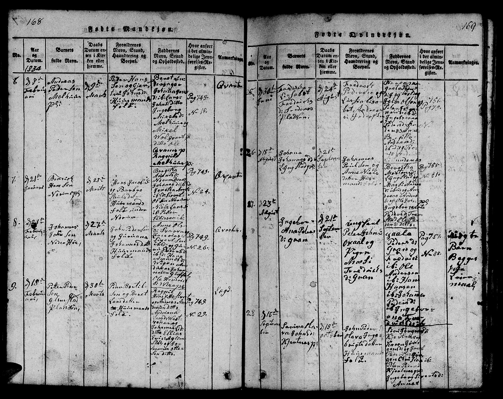 Ministerialprotokoller, klokkerbøker og fødselsregistre - Nord-Trøndelag, SAT/A-1458/730/L0298: Parish register (copy) no. 730C01, 1816-1849, p. 168-169