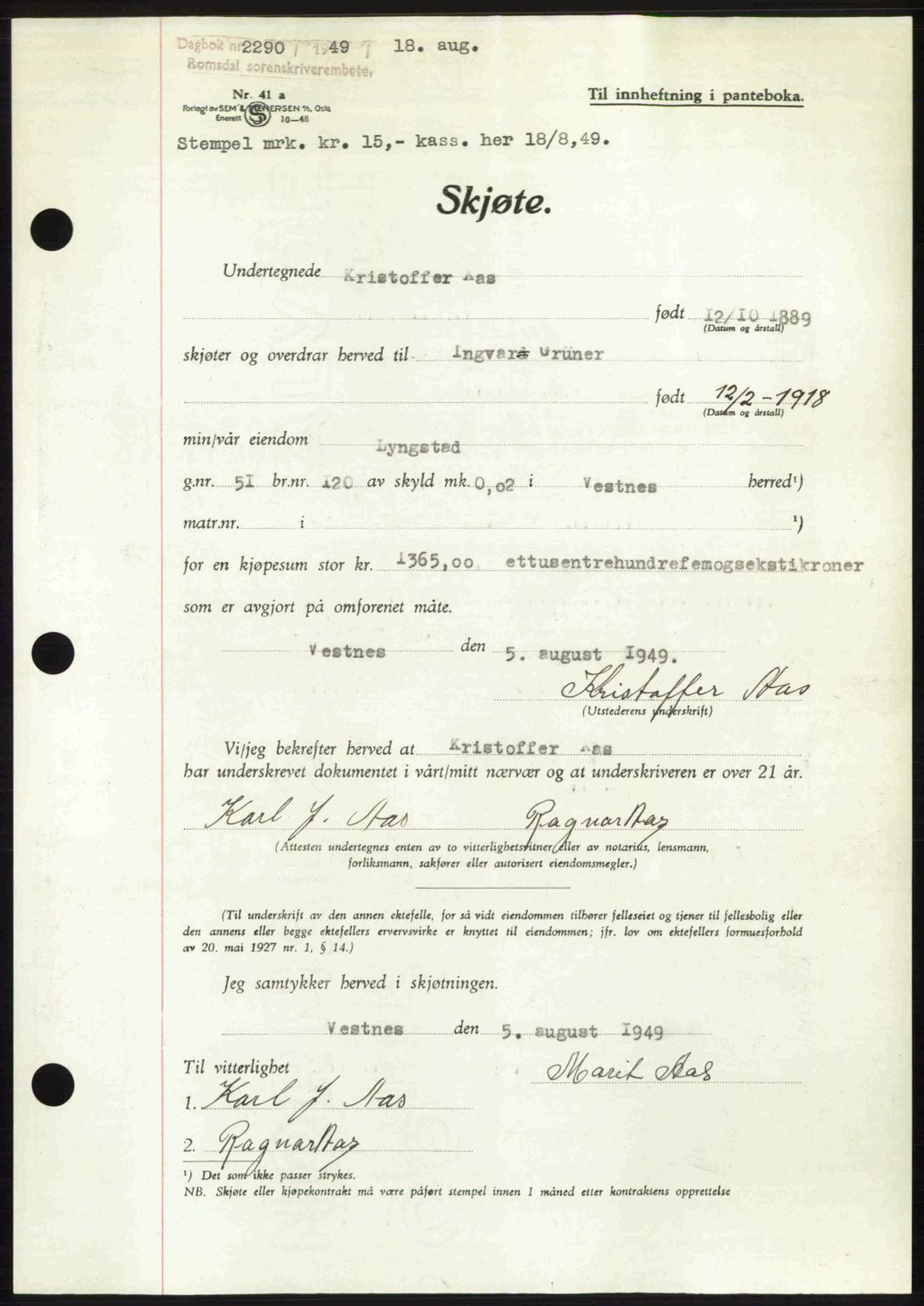 Romsdal sorenskriveri, AV/SAT-A-4149/1/2/2C: Mortgage book no. A30, 1949-1949, Diary no: : 2290/1949