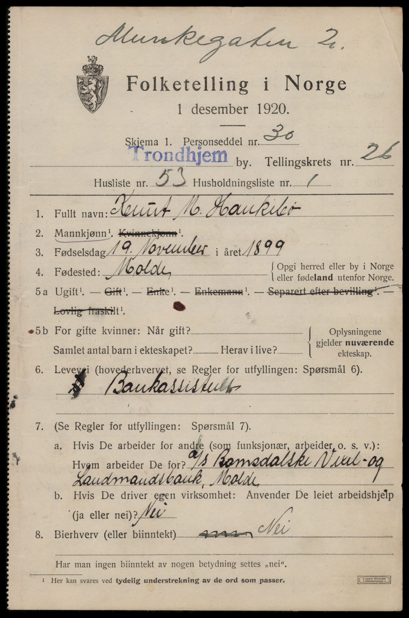 SAT, 1920 census for Trondheim, 1920, p. 69736