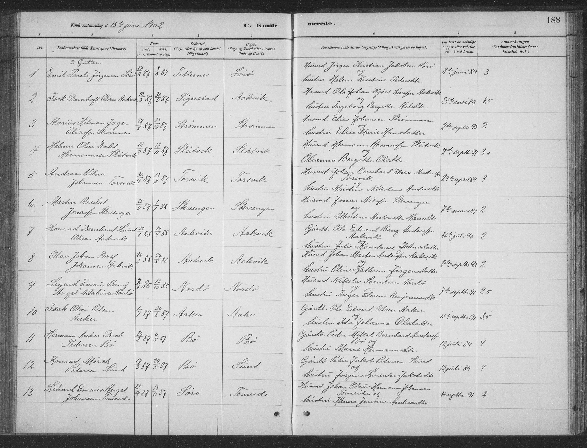 Ministerialprotokoller, klokkerbøker og fødselsregistre - Nordland, AV/SAT-A-1459/835/L0532: Parish register (copy) no. 835C04, 1880-1905, p. 188