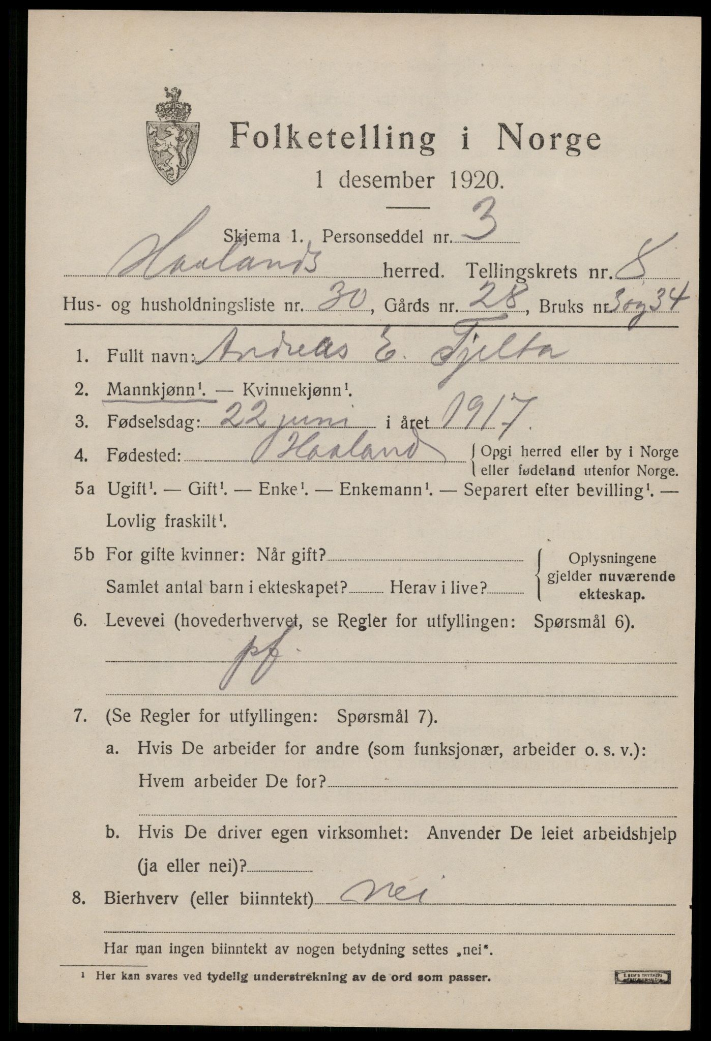 SAST, 1920 census for Håland, 1920, p. 6699